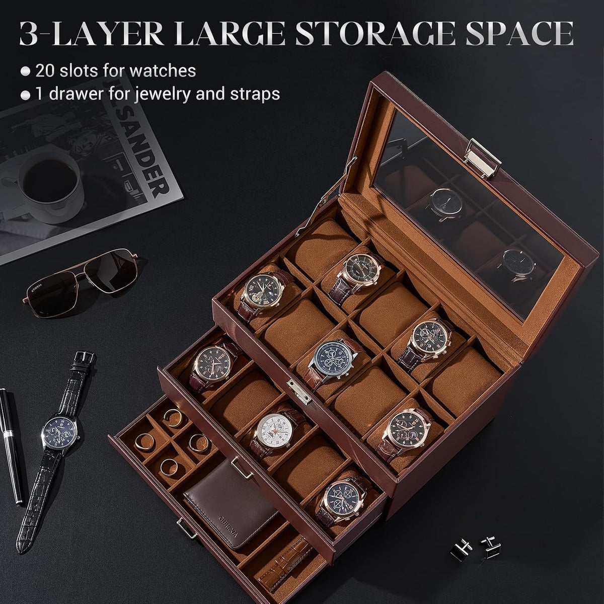 ProCase Caja de reloj con 20 ranuras para hombre, vitrina de reloj...