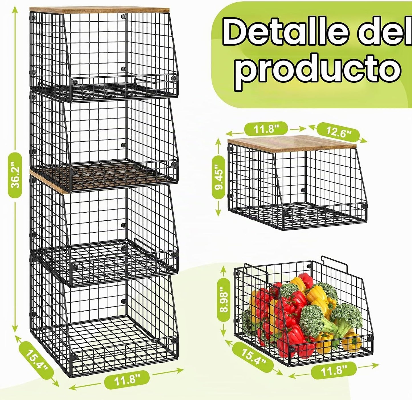 Jakyitvi Paquete de 4 cestas apilables de alambre con parte superio...