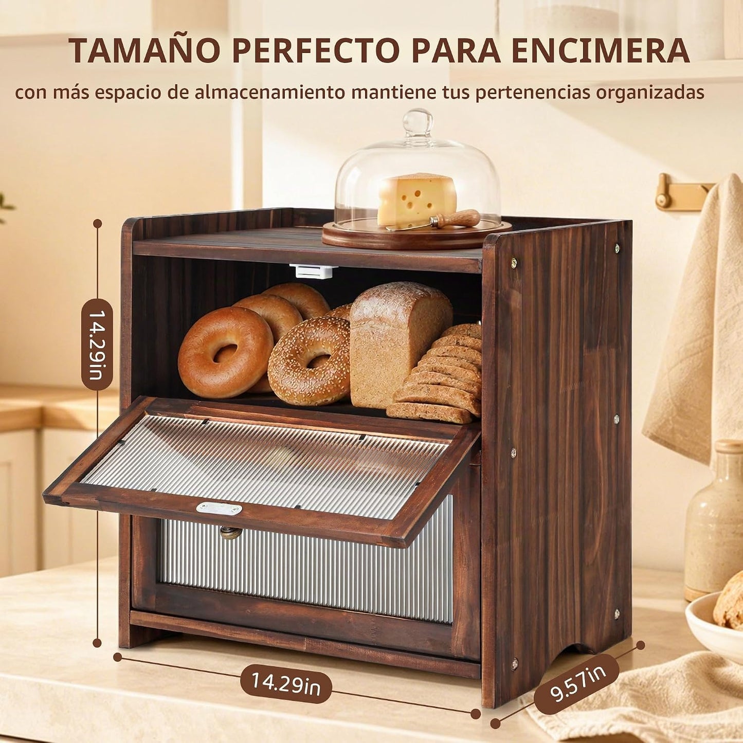 Luollabytel Panera para encimera de cocina, panera de madera de 2 c...