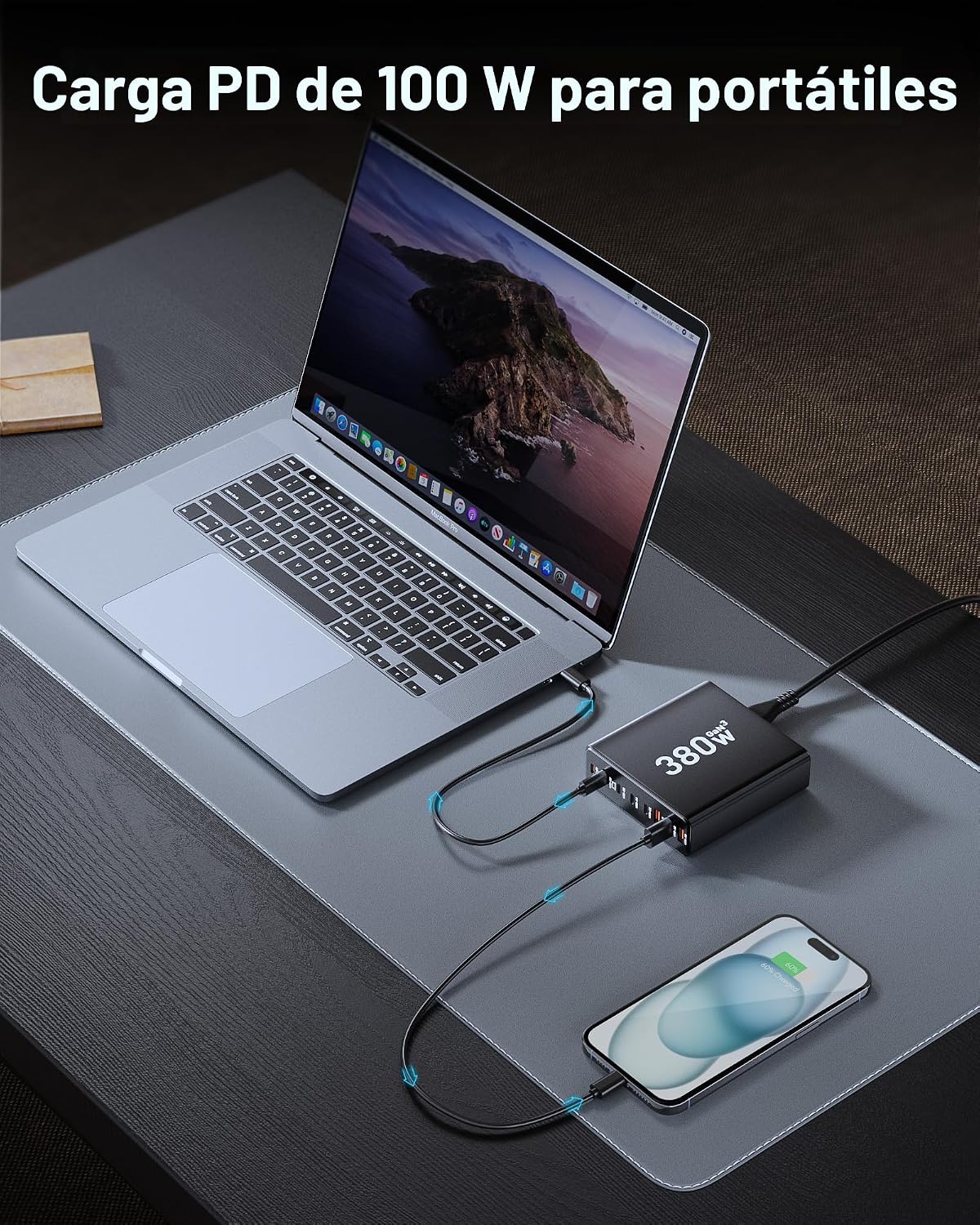Bloque de cargador USB C de 380 W con 4 cables USB Estación de carg...