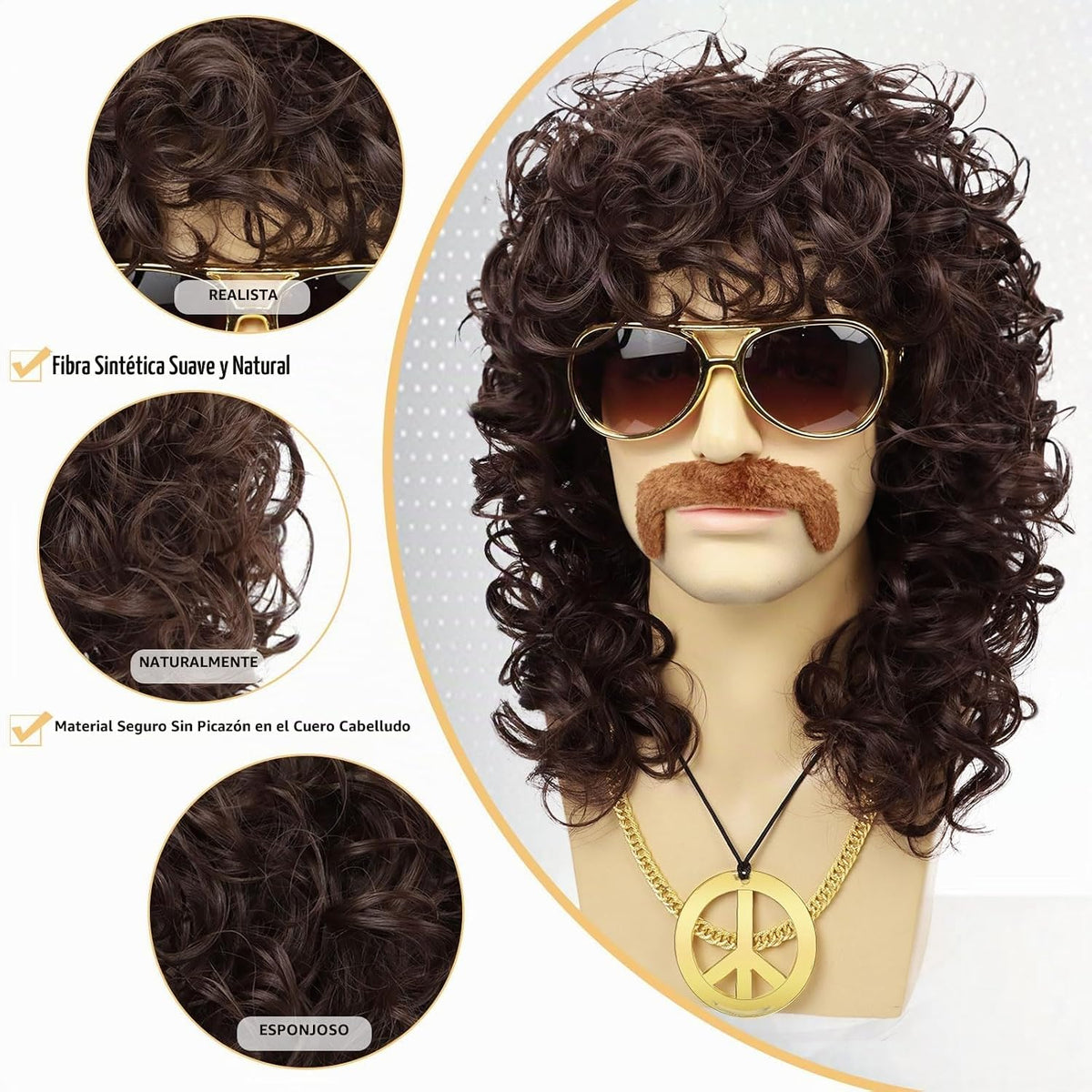 Wallden Hair Peluca marrón de los años 70 para hombre, gafas, caden...