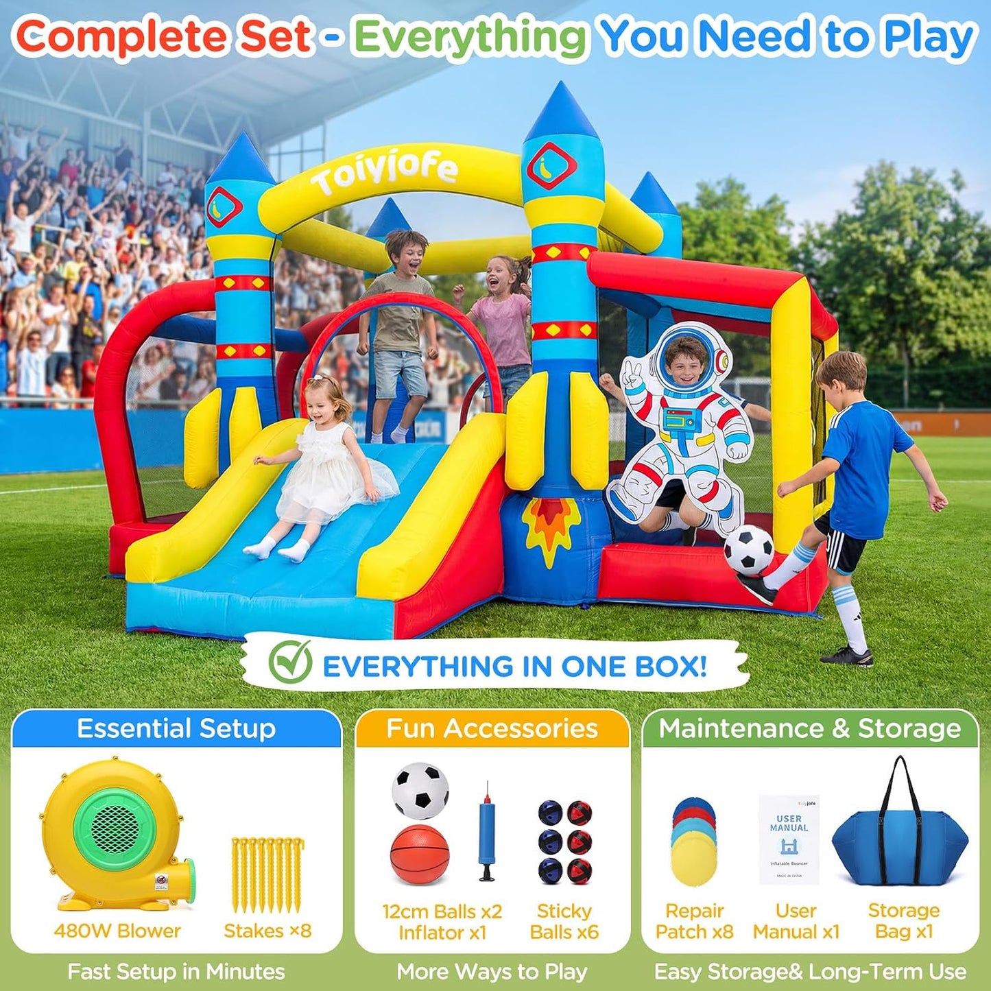 Casa inflable de rebote para niños con soplador, tema espacial de 1...