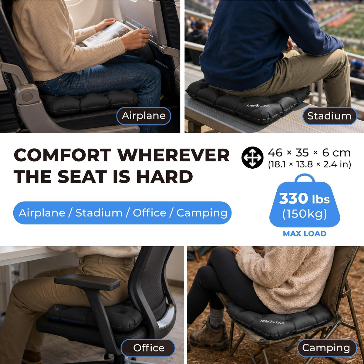 TREKOLOGY Cojín inflable para asiento de estadio para viajes aéreos...