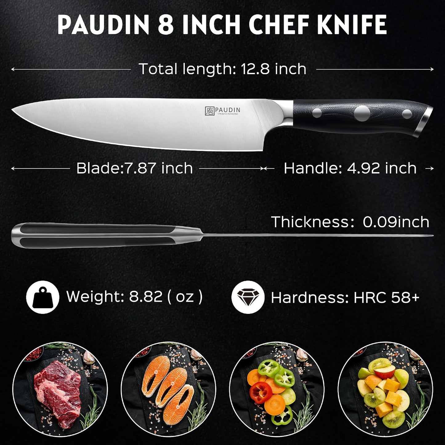 PAUDIN Cuchillo de Chef de 8 Pulgadas, Cuchillo de Cocina Profesion...