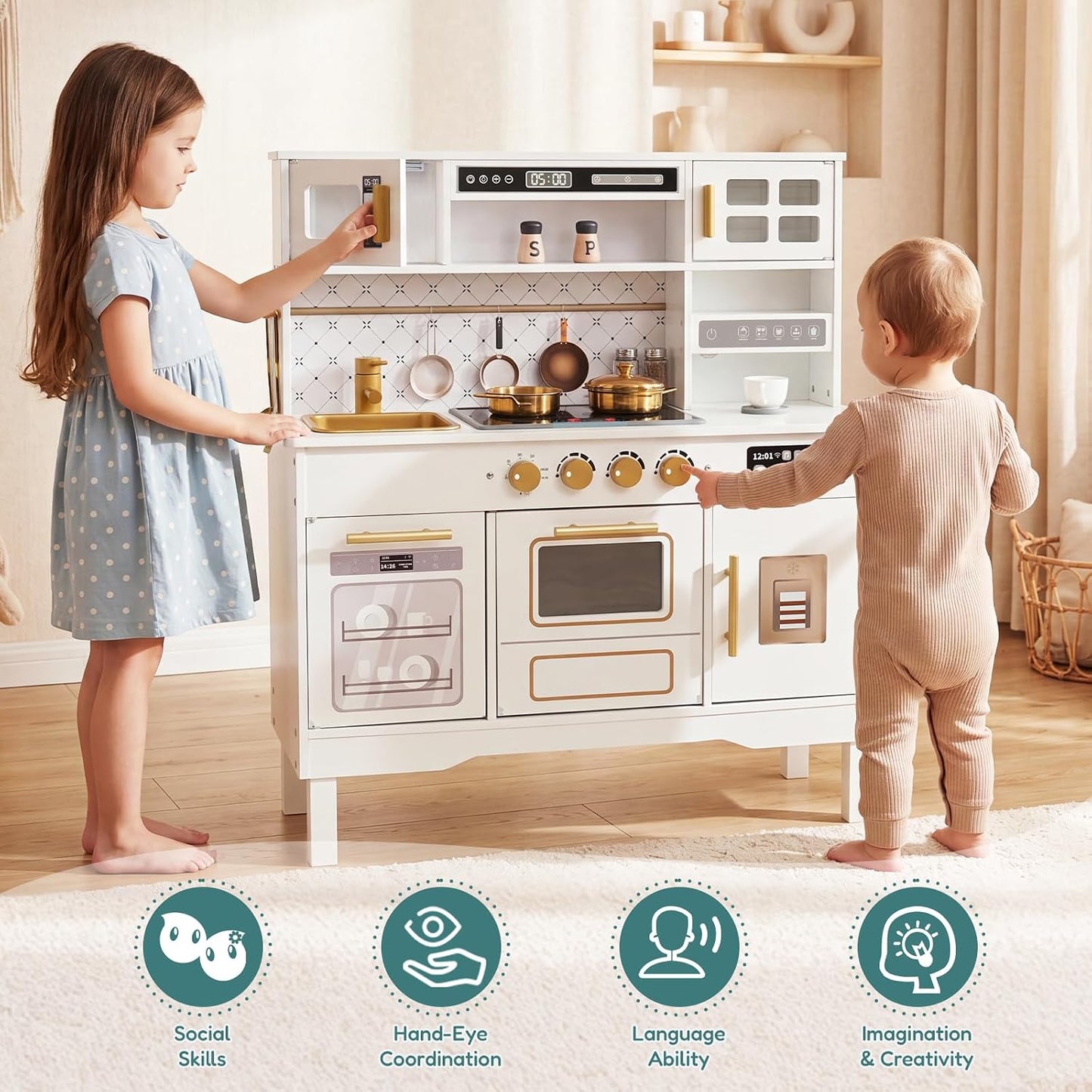 Cocina de madera para niños, moderno juego de cocina blanca con est...