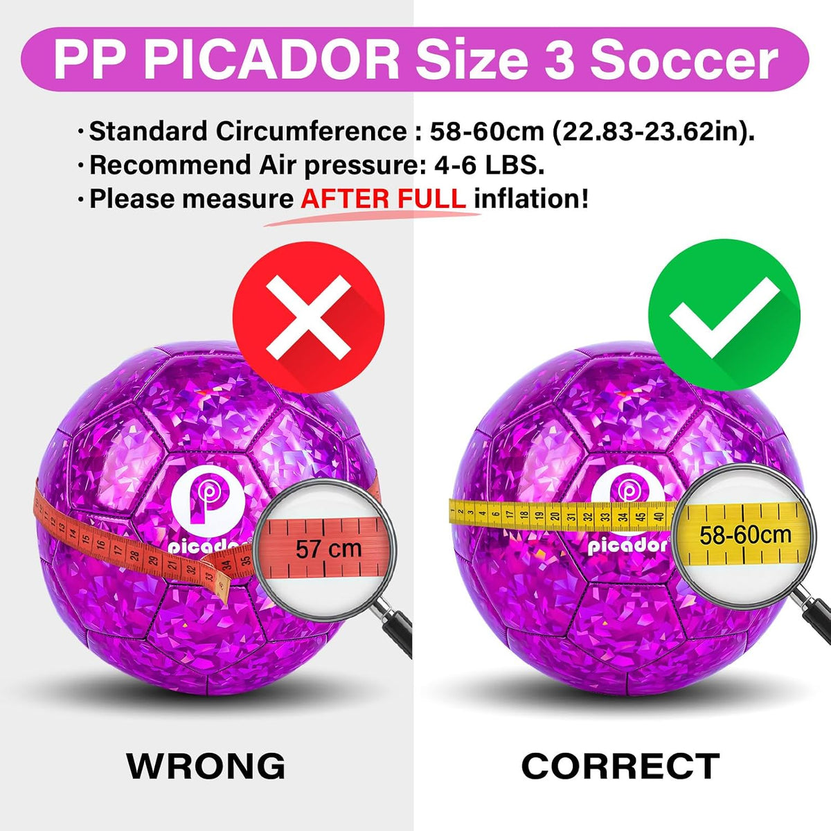PP PICADOR Balón de fútbol tamaño 3, pelotas de fútbol con purpurin...
