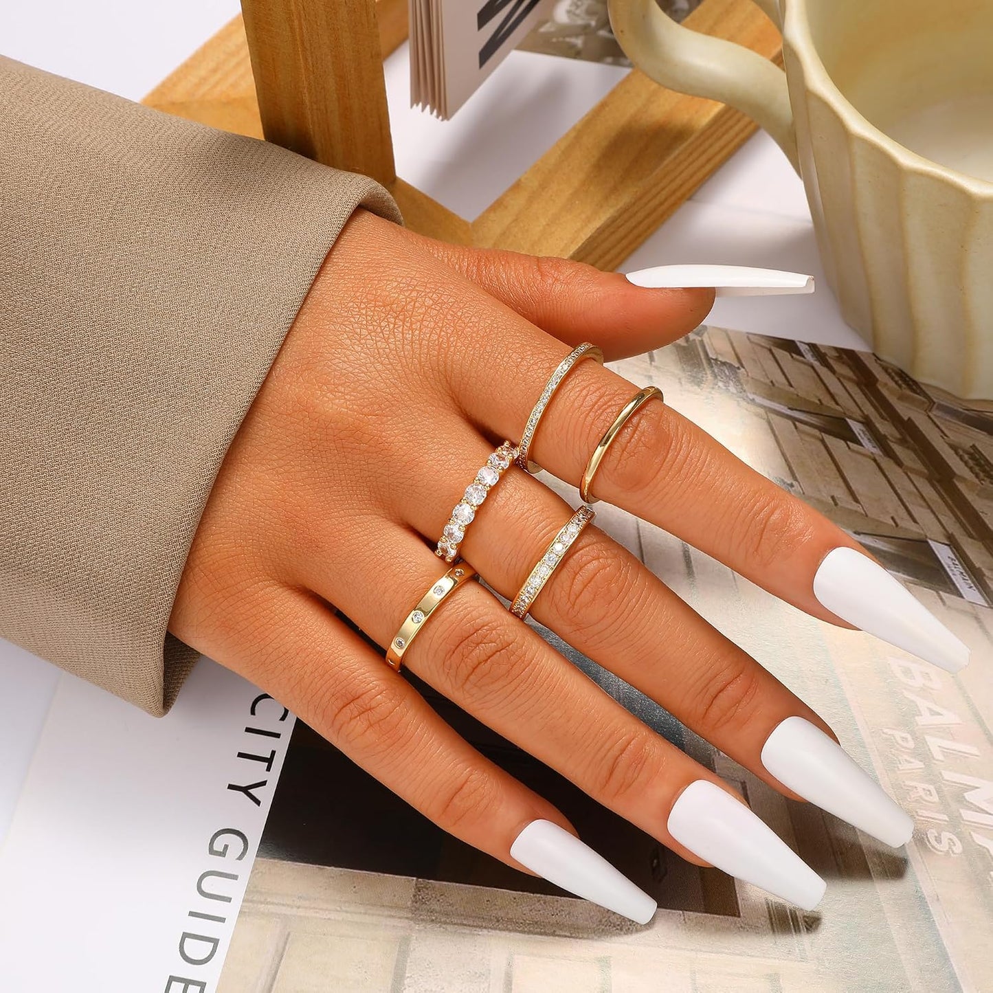 Anillos de oro para mujer sin deslustre, juego de anillos de nudill...