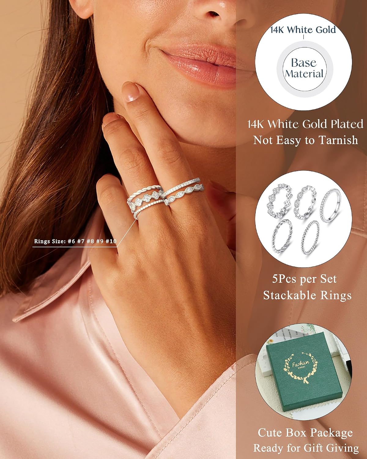 Anillos apilables de oro para mujer, no se deslustra, chapados en o...