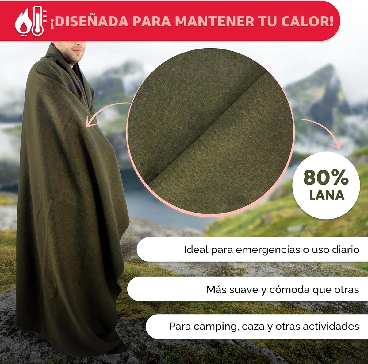 Verde militar Oliva Cálido Lana Manta ignífuga., 66" x 90" (80% lan...