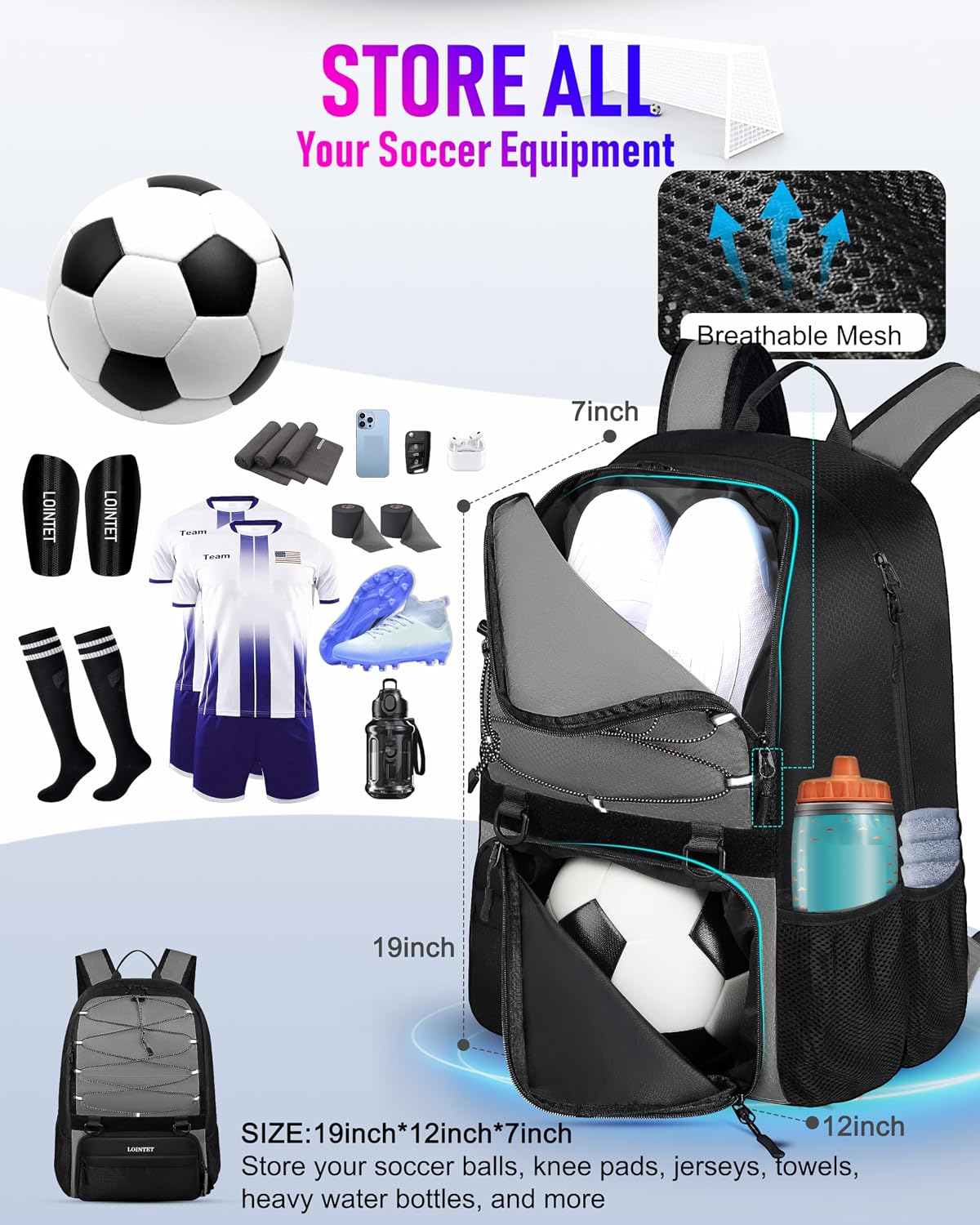 LOINTET Bolsa de fútbol juvenil, mochila de fútbol con compartiment...