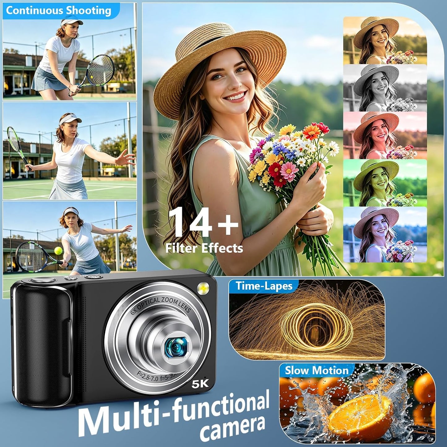 Cámara digital 5K para fotografía con WiFi, zoom óptico 6X, enfoque...