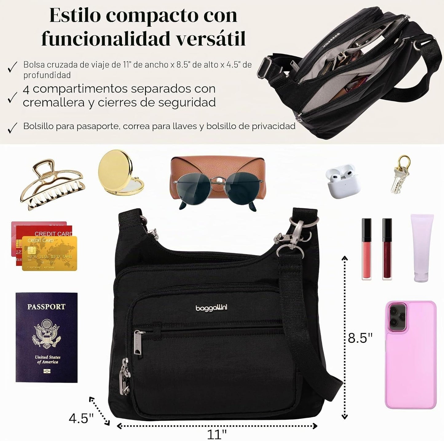 Baggallini Securtex Bandolera cruzada antirrobo 11\u201Dw X 8.5\u20...