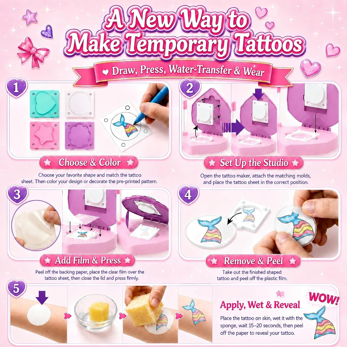 Kit de tatuaje temporal para niñas, kit de tatuaje para niños con 4...