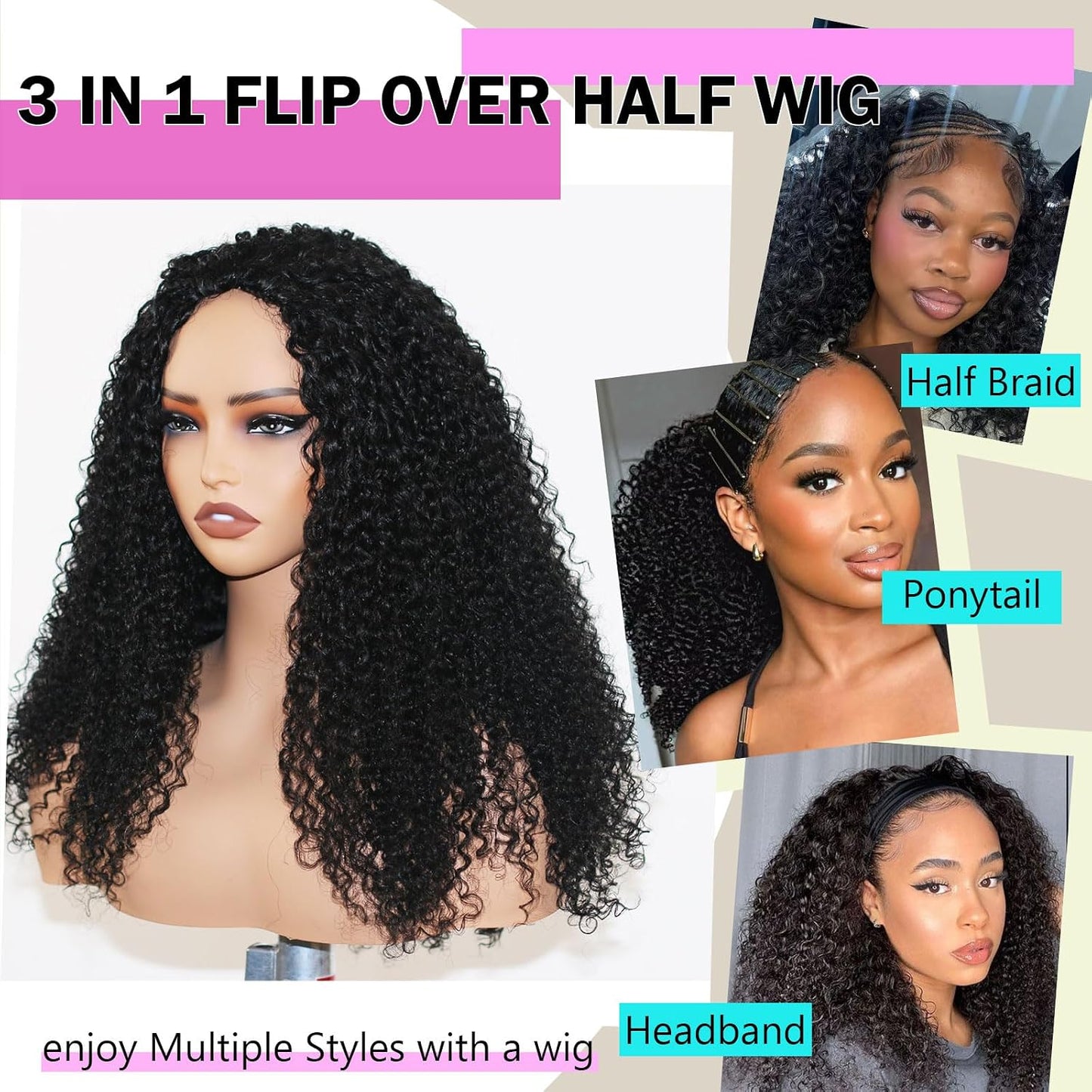 ManeMajesty Peluca rizada rizada con diadema negra natural, 22 pulg...