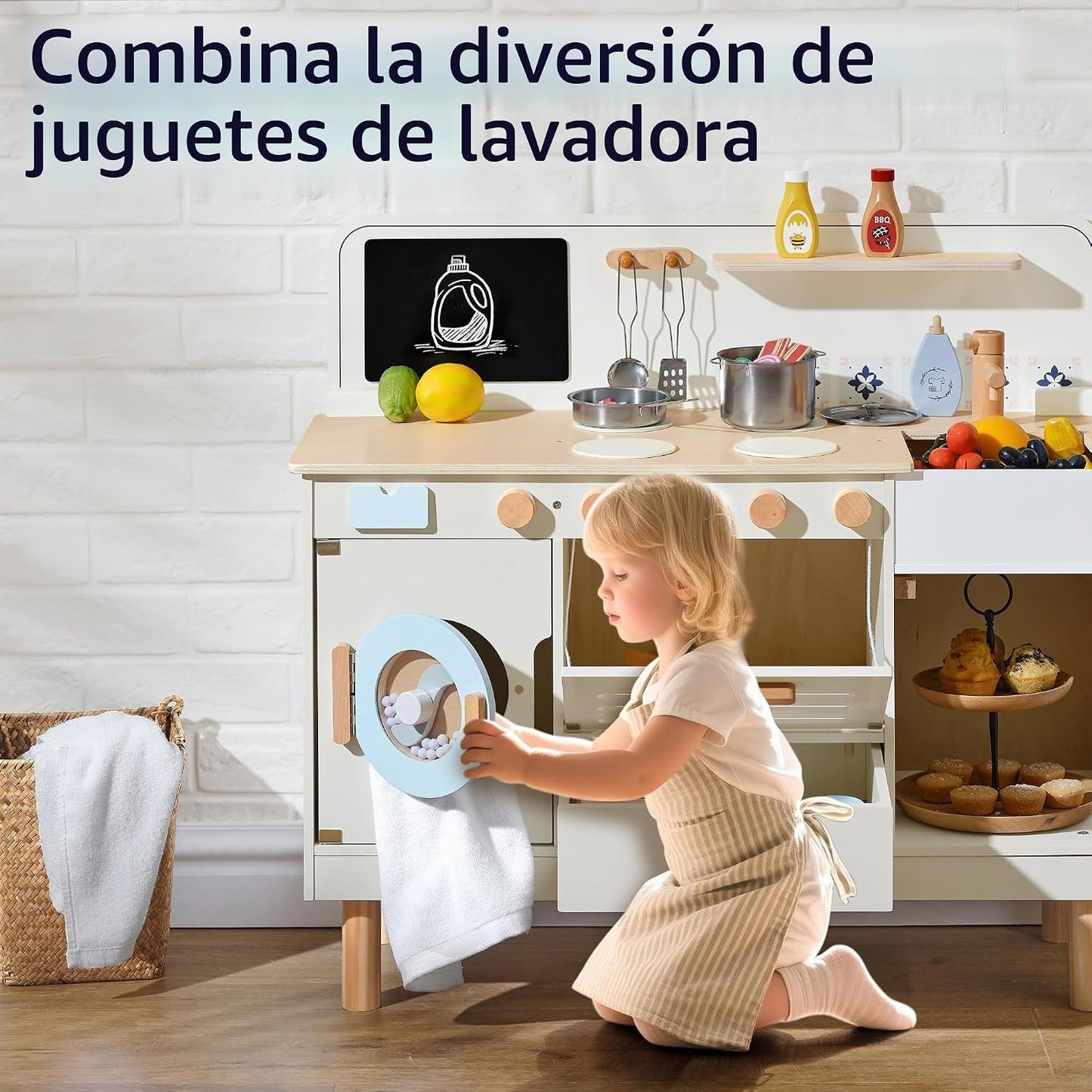 Juego de cocina de madera Pillowhale, juego de cocina grande intera...