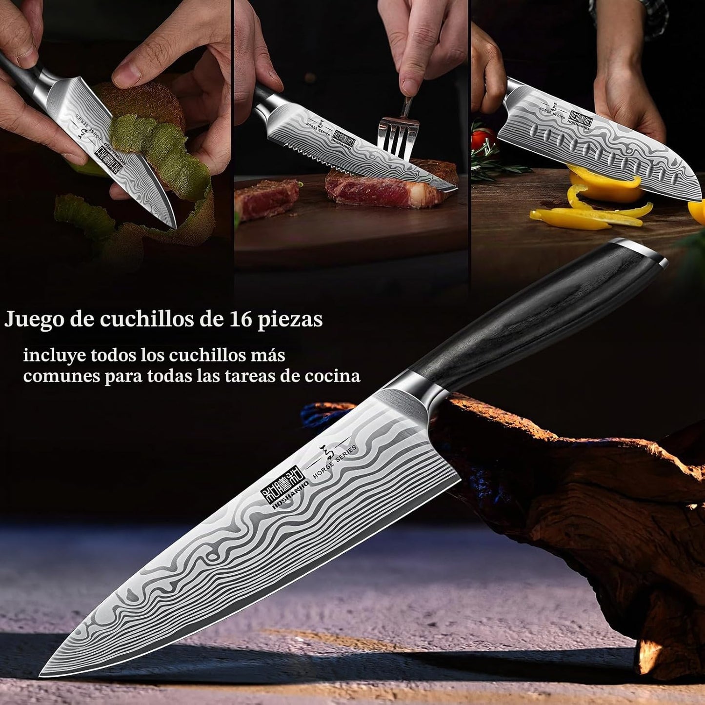 HOSHANHO Juego de cuchillos de 16 piezas con bloque, juego de cuchi...