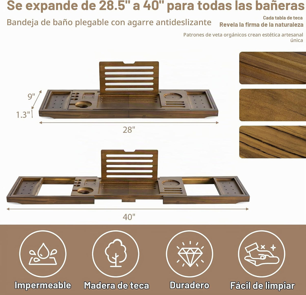 RealGulf Bandeja de bañera de teca, organizador de baño de madera d...