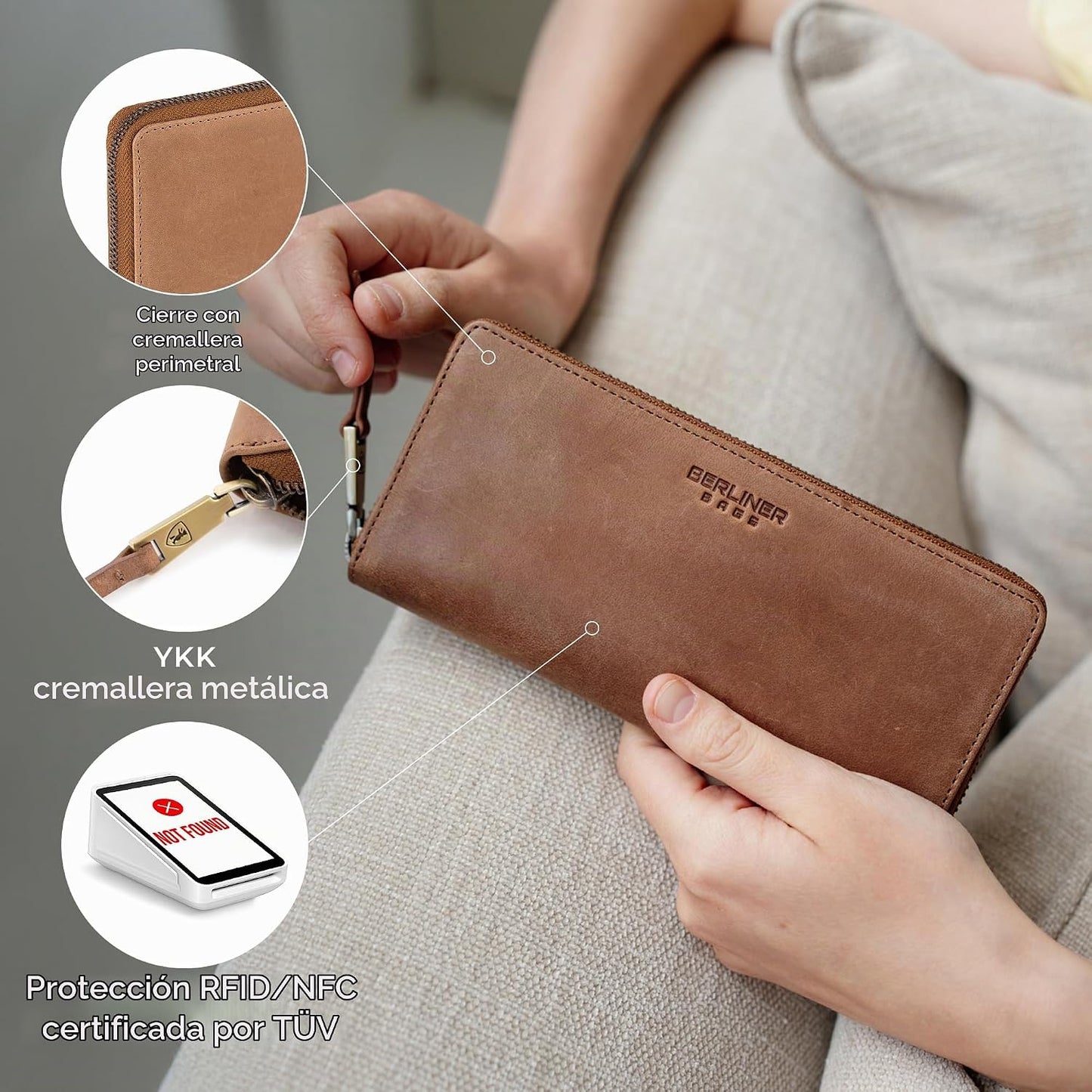 BERLINER BAGS Cartera con cremallera de cuero genuino Palma, caja d...