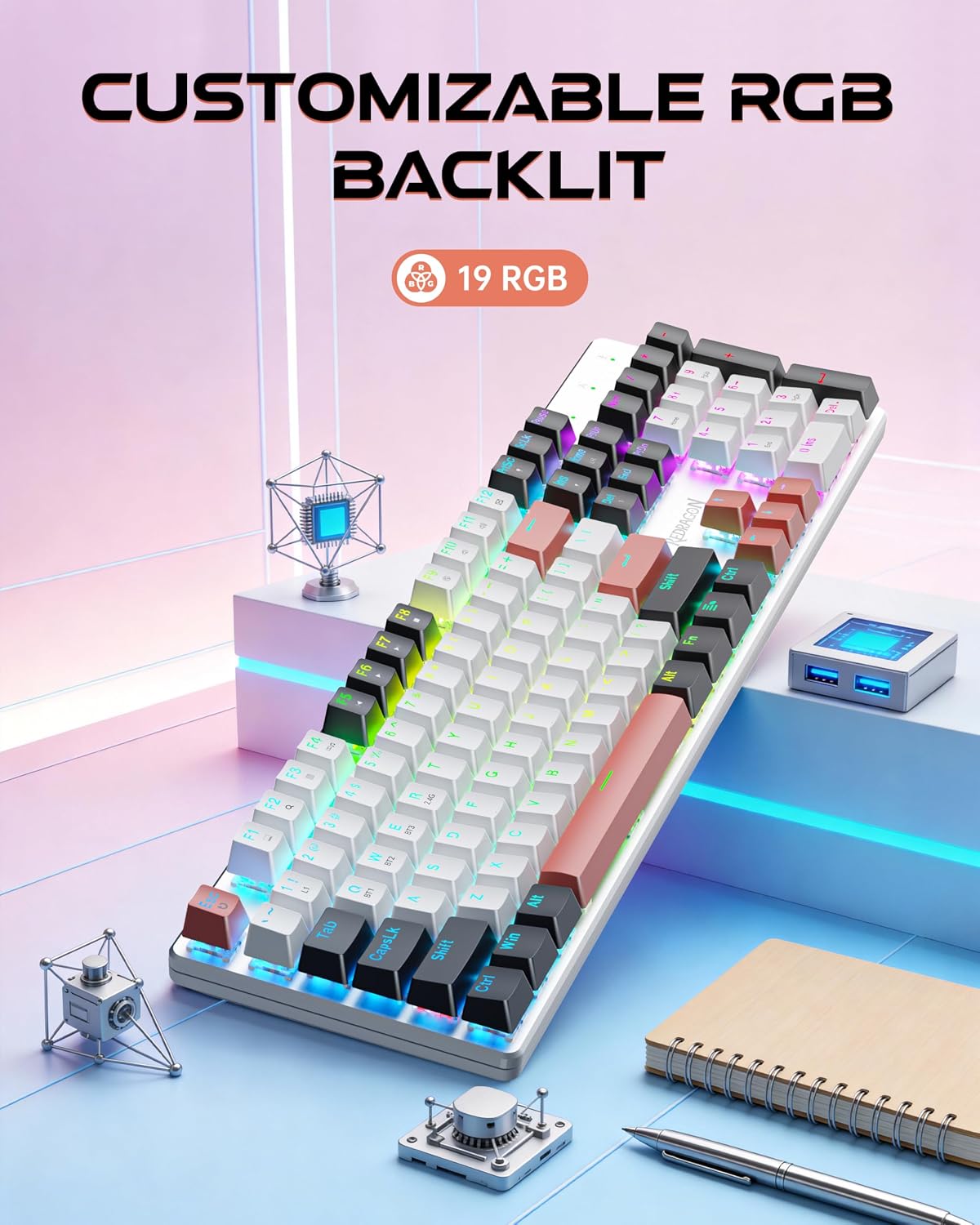 Redragon Teclado mecánico inalámbrico para juegos, triple modo BT\/...