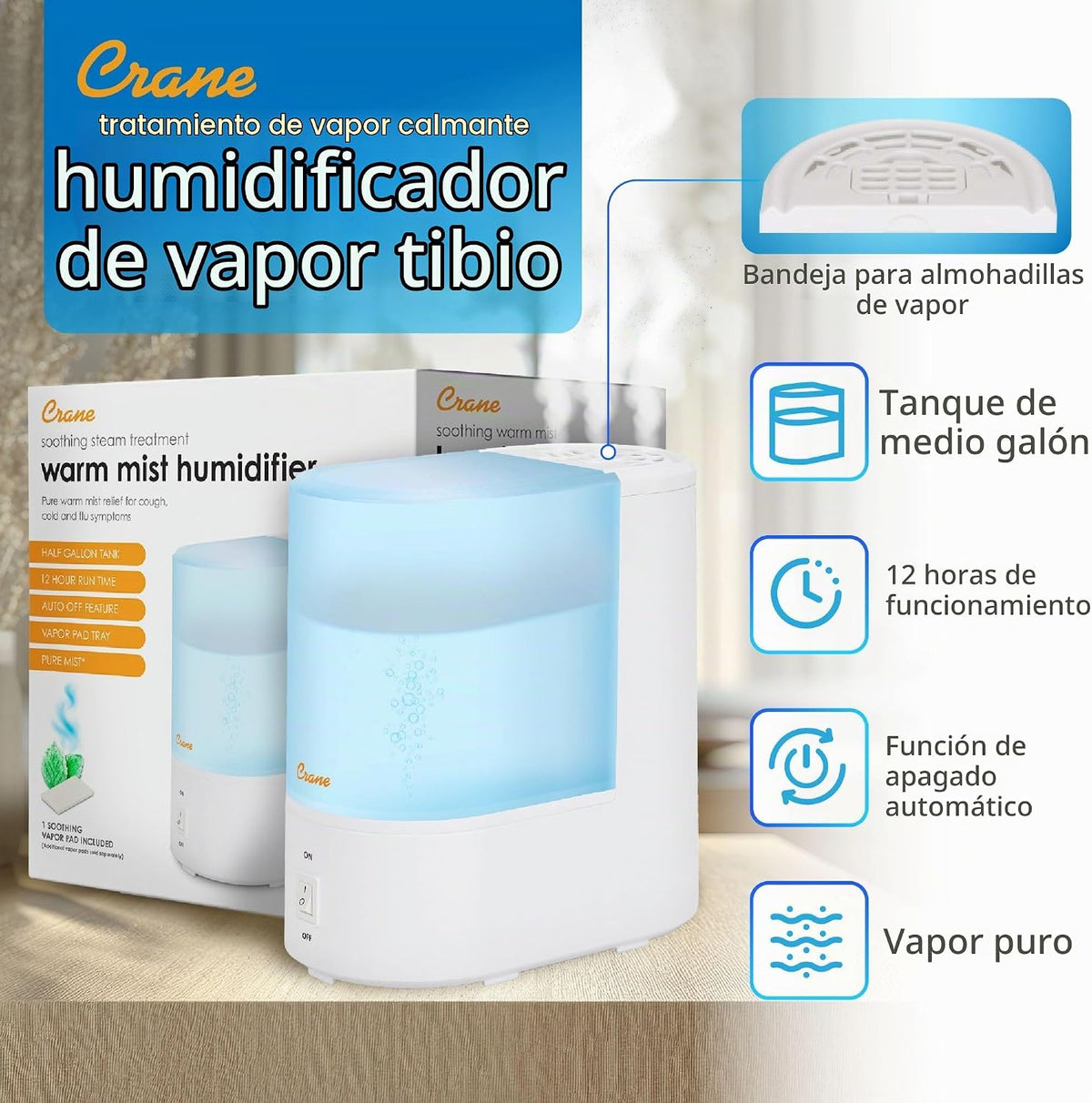 Crane Humidificador de niebla cálida, humidificador pequeño para do...