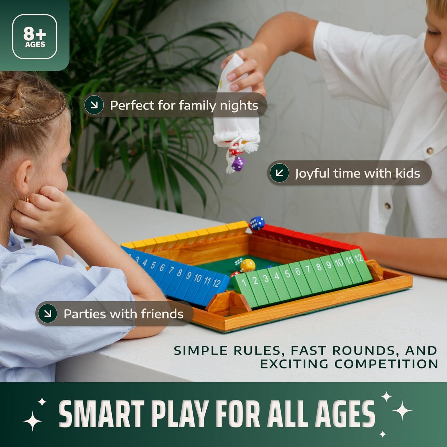 Shut The Box Game Tablero de madera para 4 jugadores, juego de 14 p...