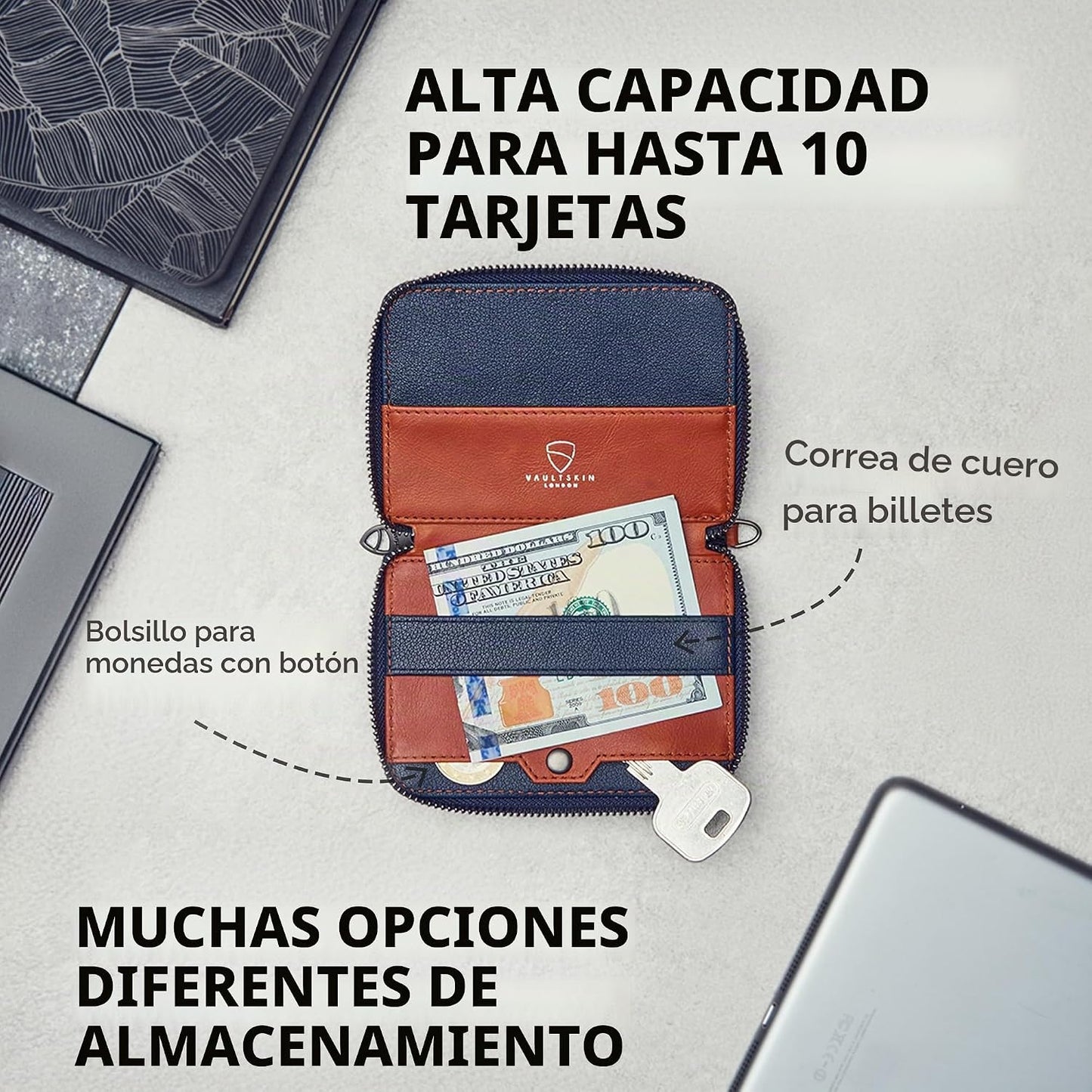 Vaultskin - Cartera de cuero con cierre de cremallera, minimalista...