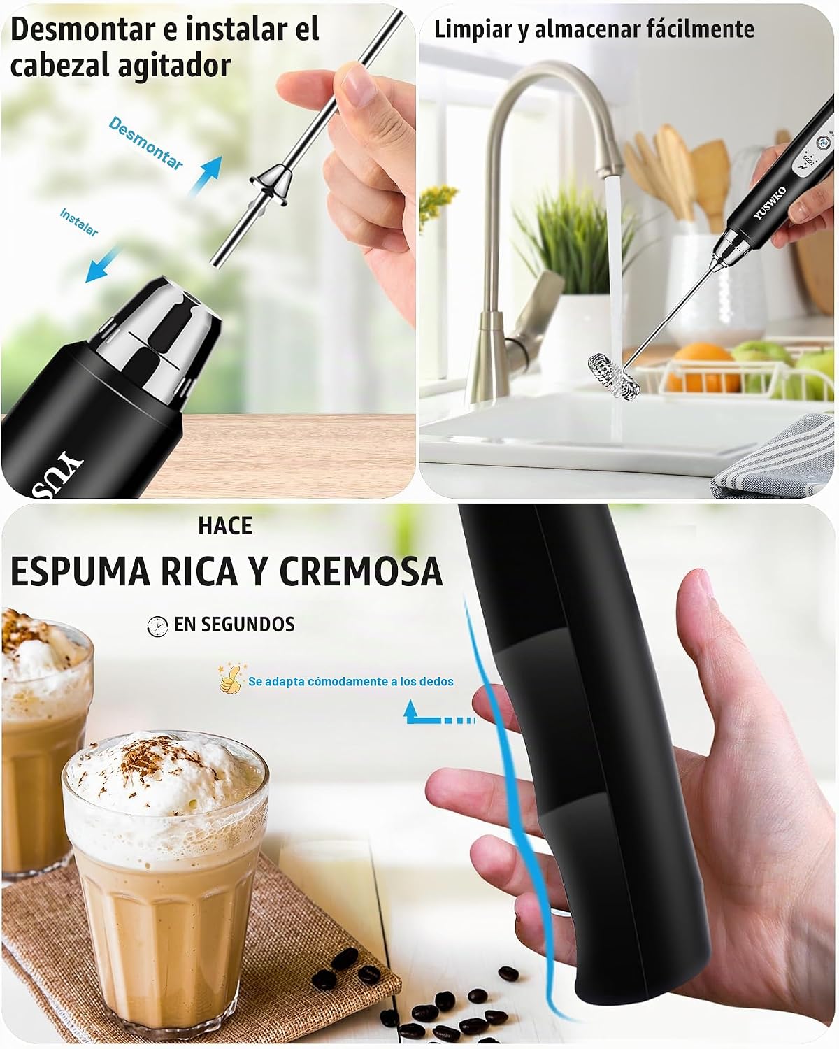 YUSWKO Espumador de leche recargable negro, mezclador de bebidas de...