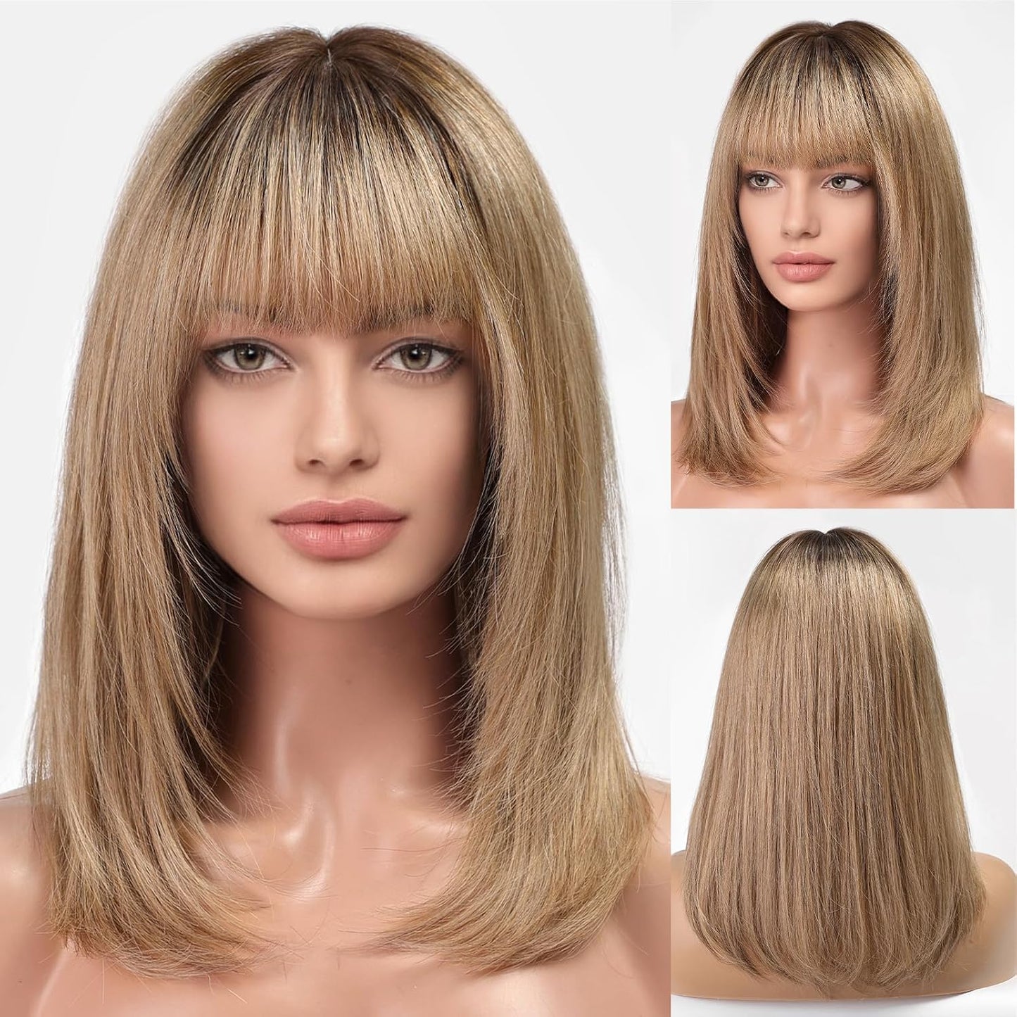 KKU Pelucas de cabello humano rubio ceniza degradado de 16 pulgadas...