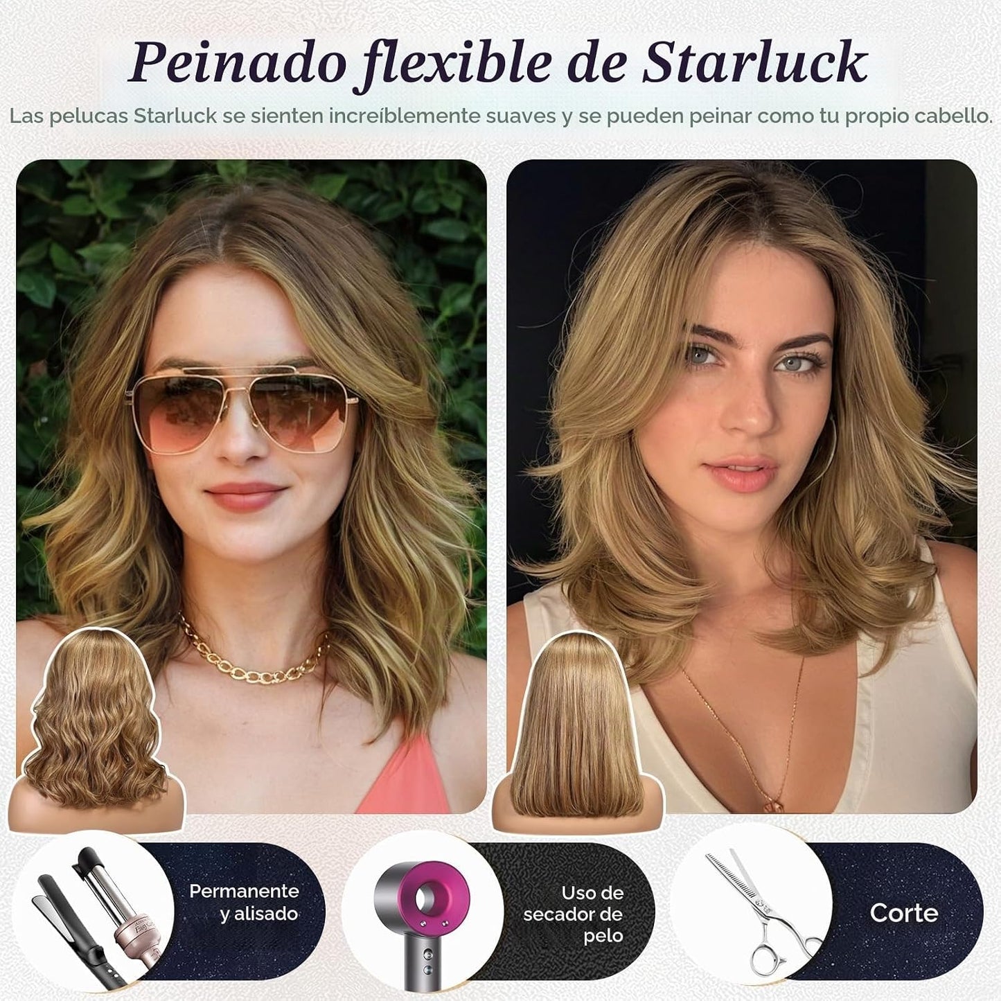 Pelucas Starluck de pelo humano con encaje frontal para mujeres, ma...