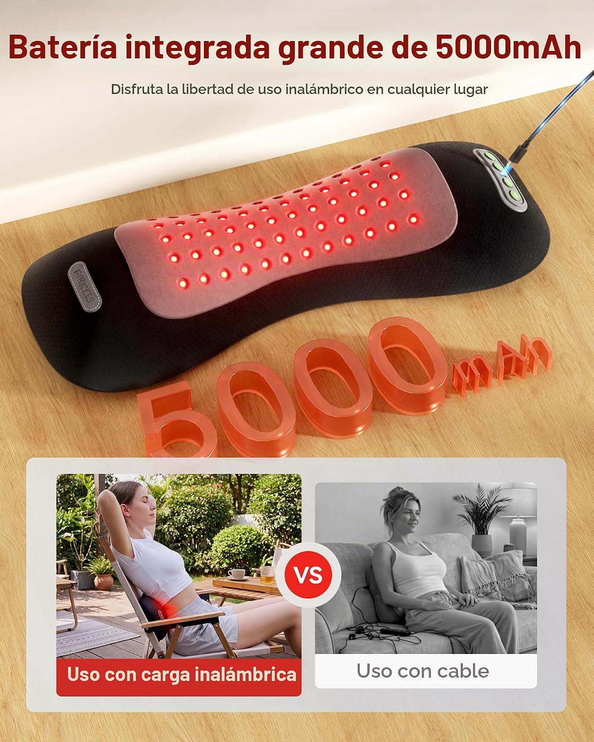Almohada de apoyo lumbar 4 en 1 con luz roja 650 nm 850 nm, masajea...