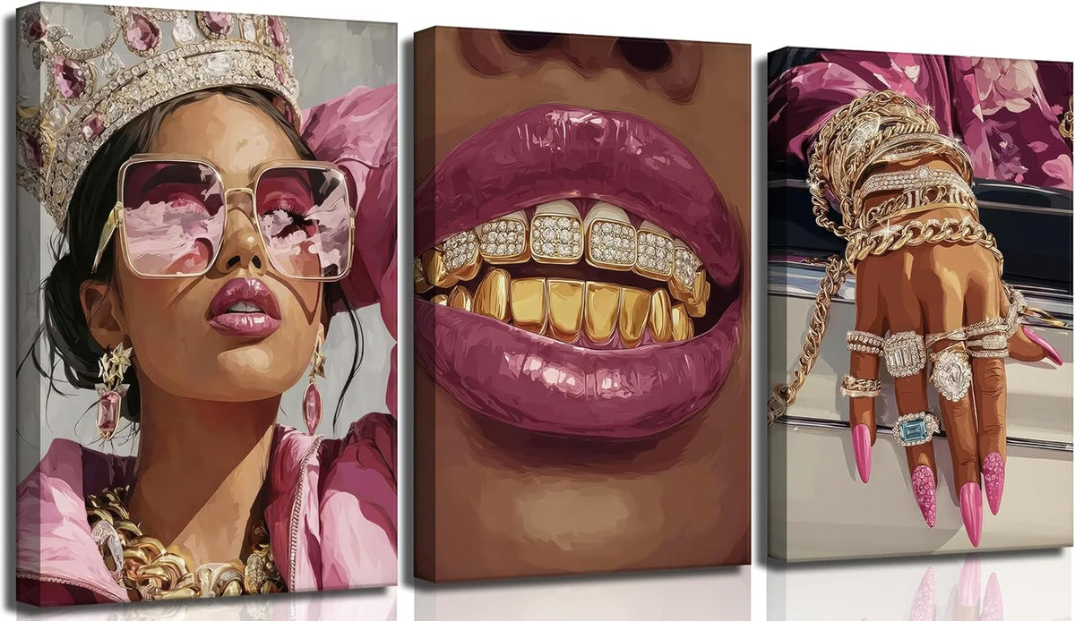 3 piezas de arte de pared en lona rosado con niña negra de lujo, de...