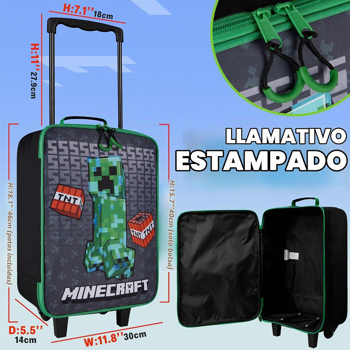 Minecraft - Maleta plegable con ruedas para niños, bolsa de viaje p...