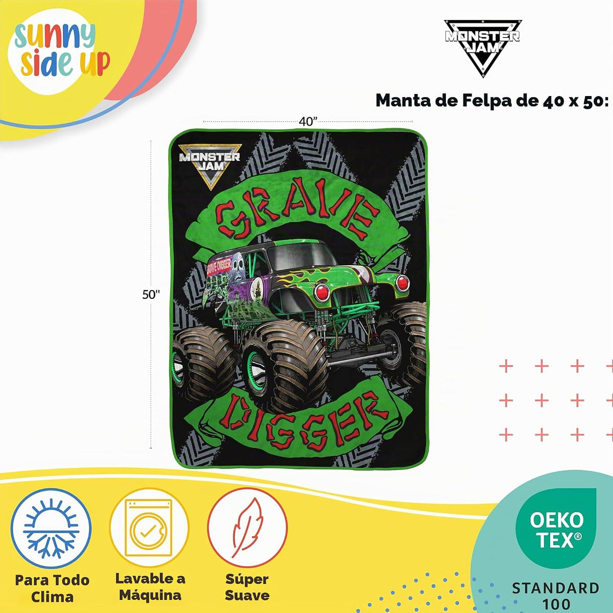 Sunny Side Up Monster Jam Manta de Viaje de Felpa Throw - Mide 40 x...