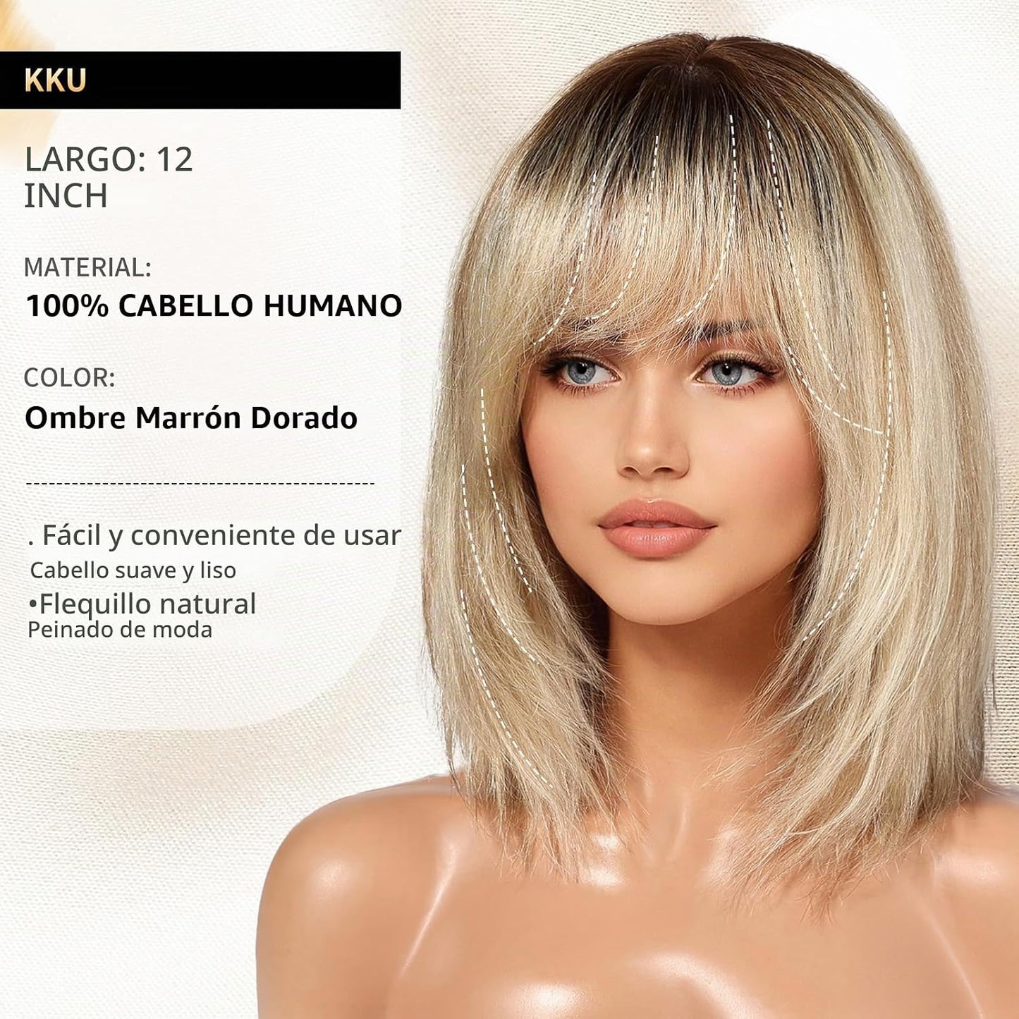 KKU Pelucas de Cabello Humano Ombre Marrón Dorado de 12 Pulgadas pa...