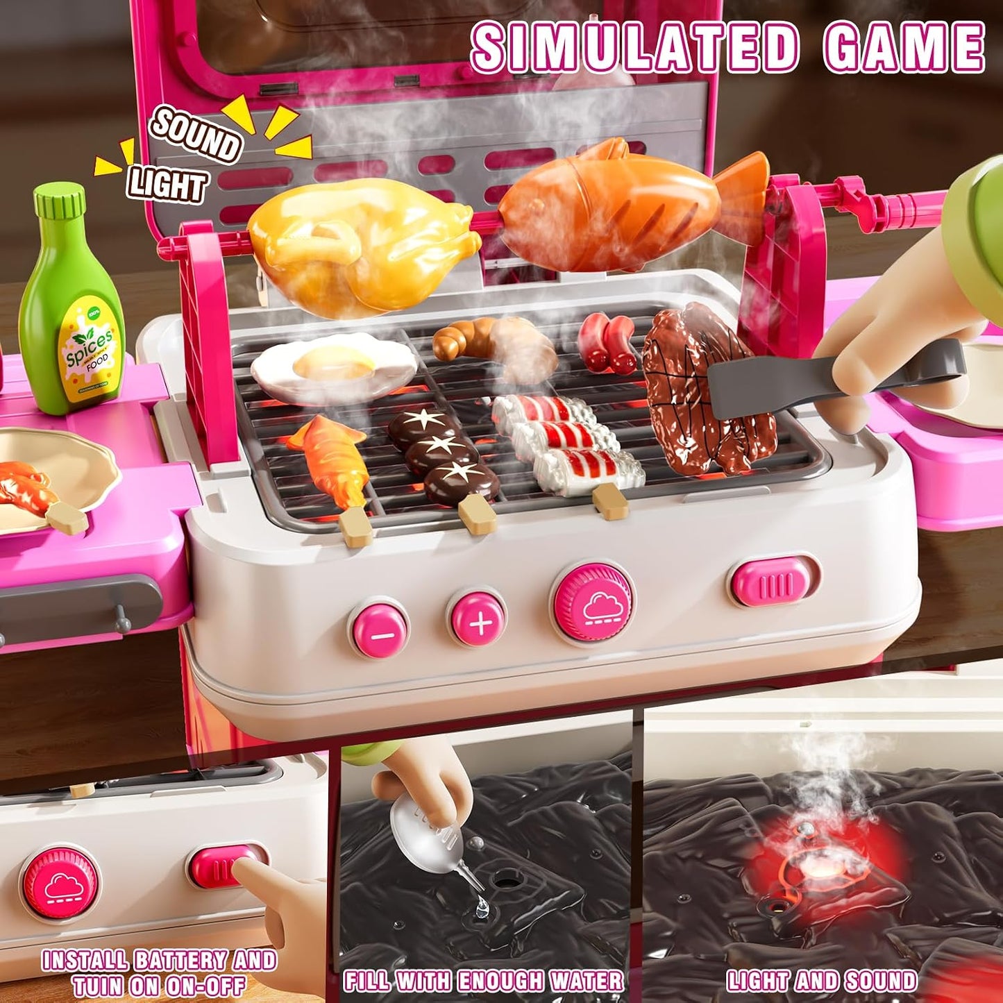 KIZONLY Juego de barbacoa para niños, juego de cocina de 2 capas co...