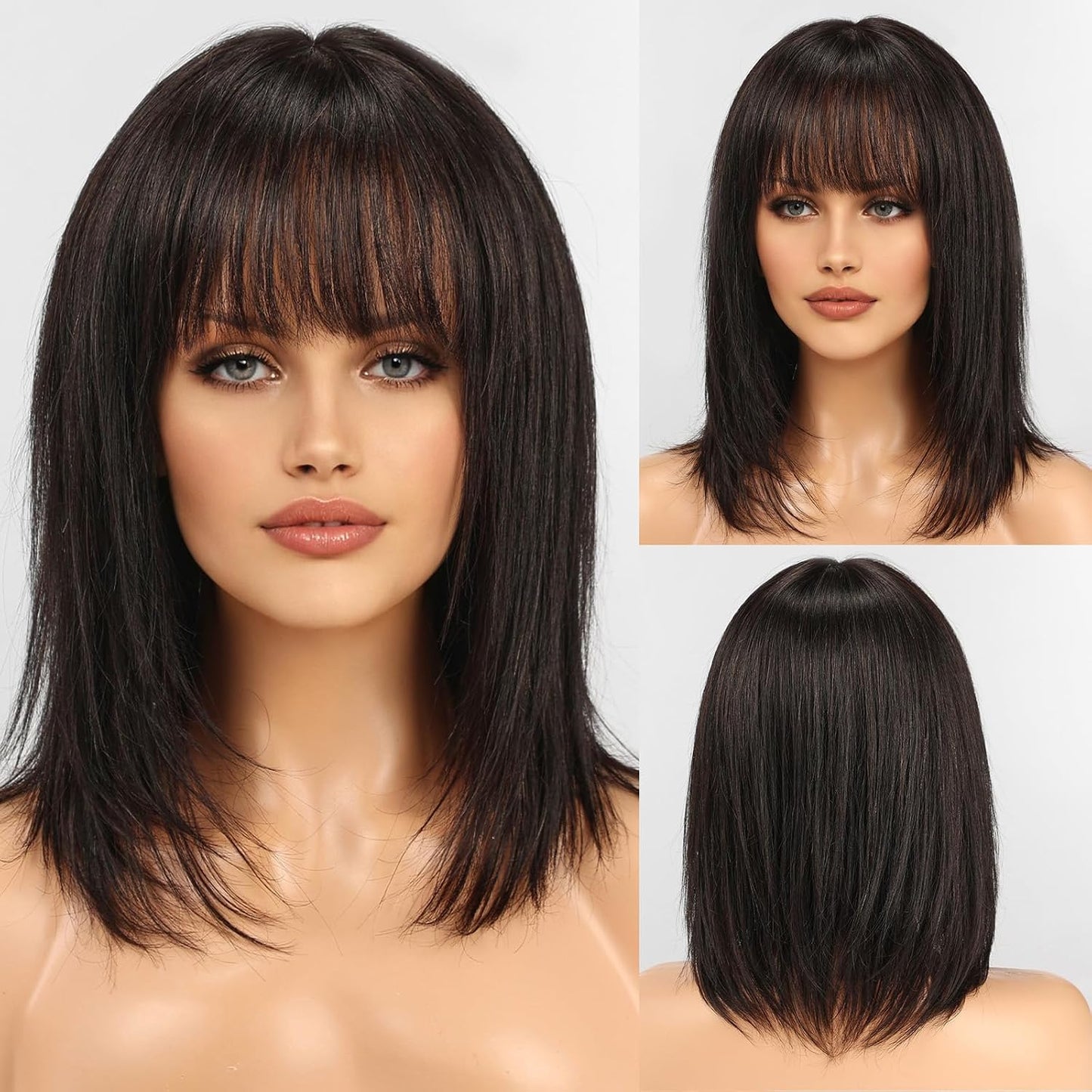 KKU Pelucas de cabello humano negro de 12 pulgadas para mujeres, pe...