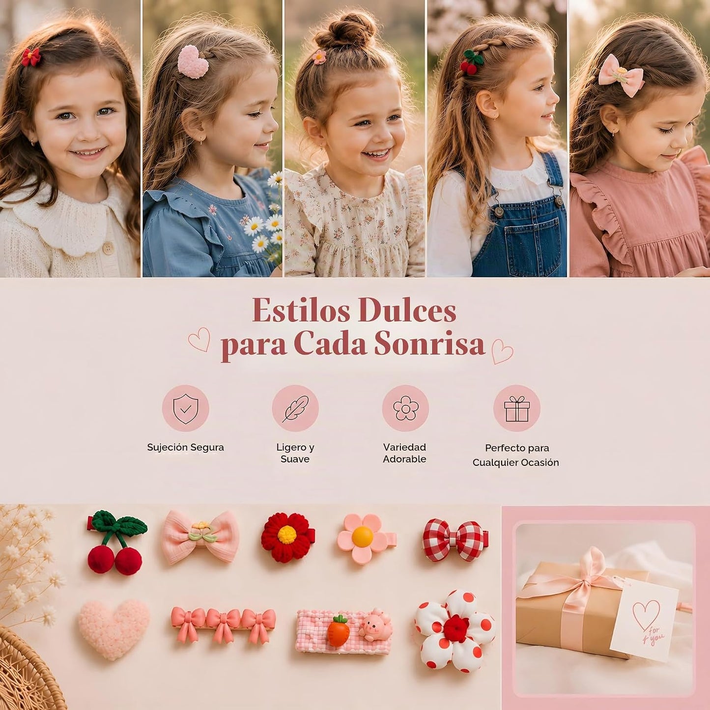 Pinzas para el cabello para niñas, 16 lazos antideslizantes y pasad...