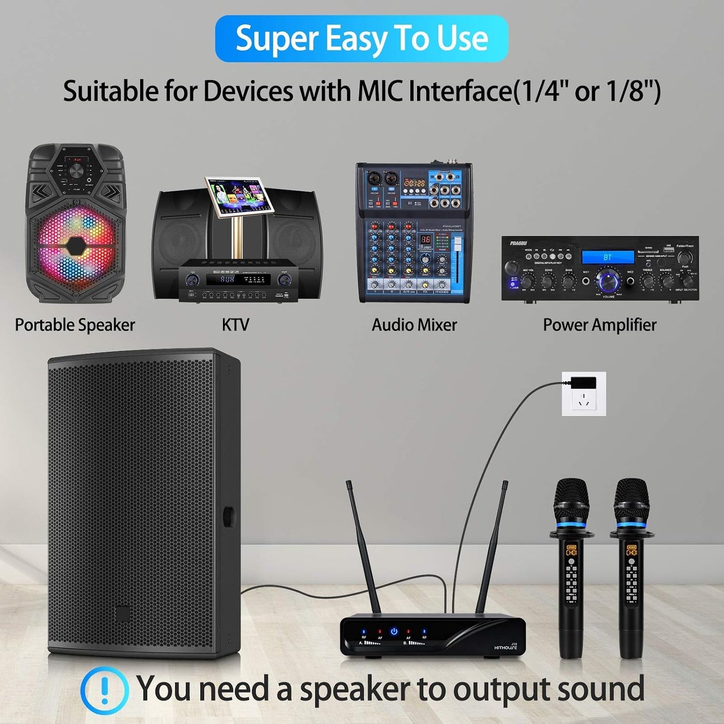 KITHOUSE Micrófono inalámbrico J10 Sistema de karaoke recargable, m...
