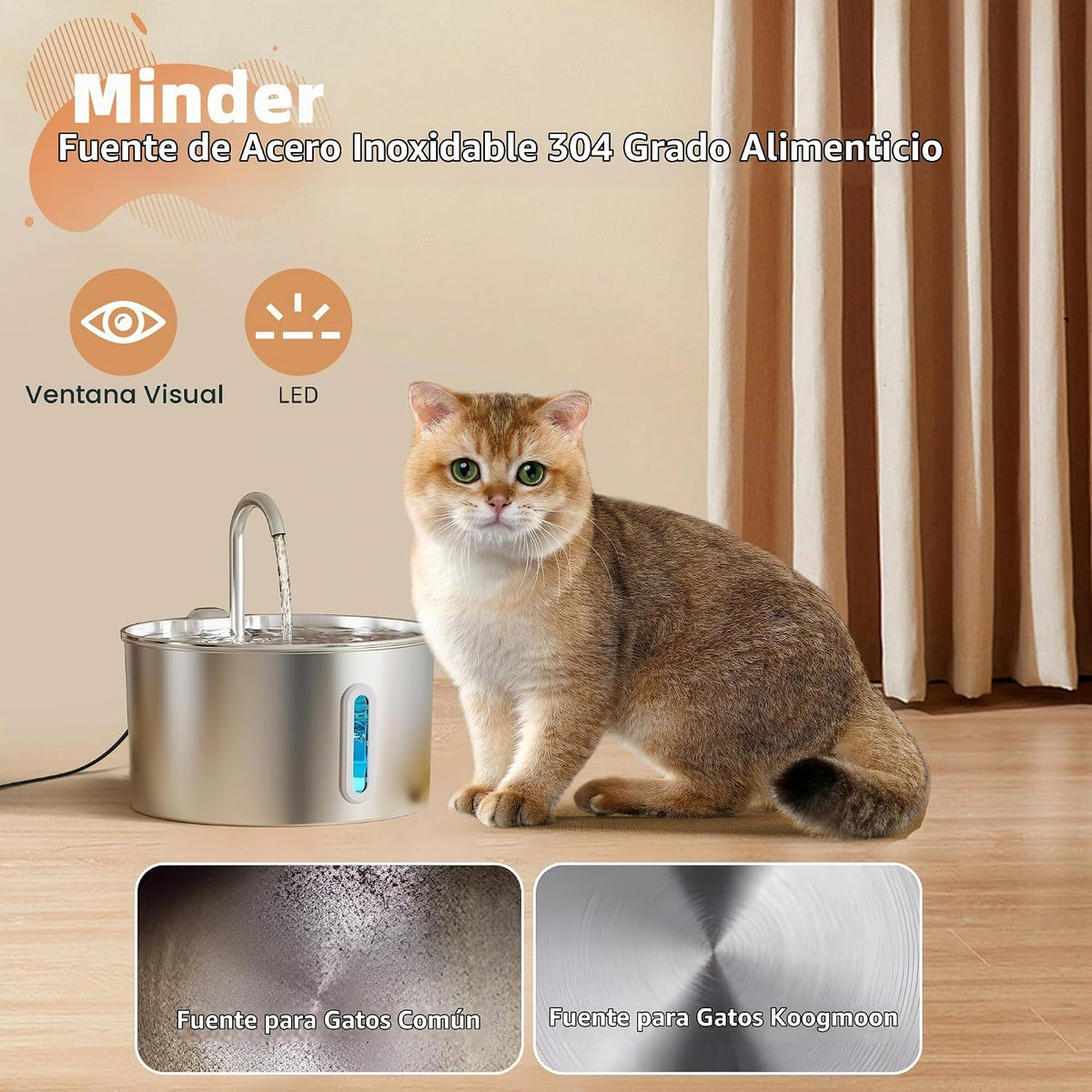 Fuente de agua para gatos de acero inoxidable: fuente de gato de 10...