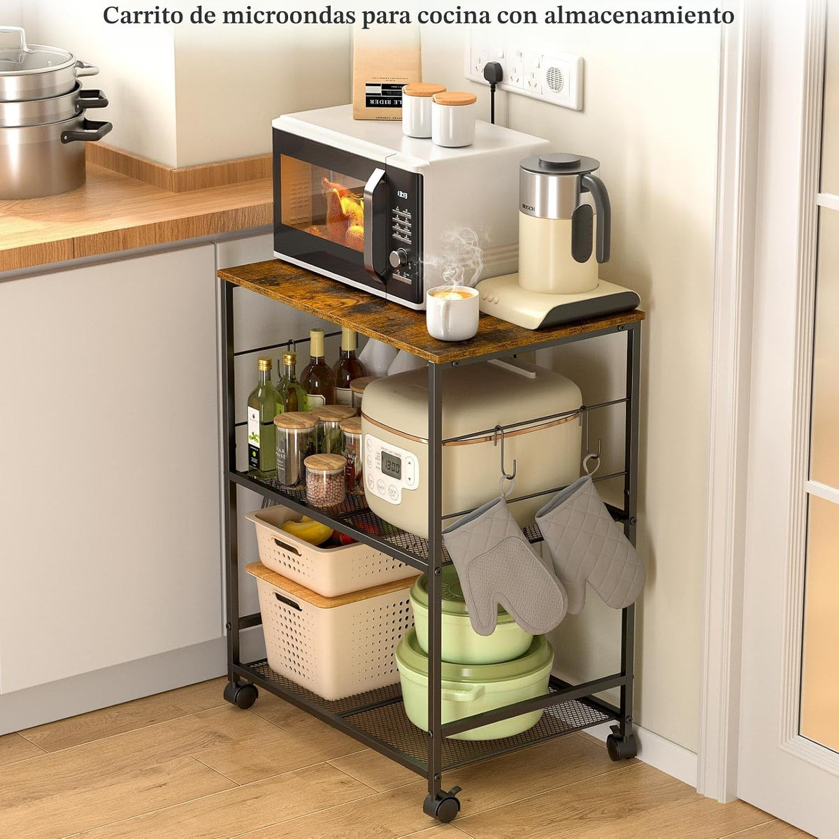 ThreeHio Carrito de microondas de cocina rodante, soporte de mesa d...
