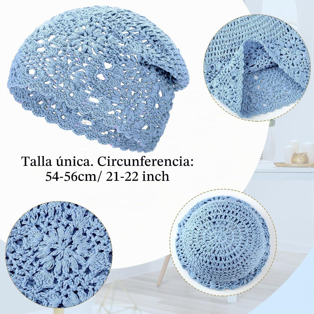 2 piezas de gorro holgado de ganchillo floral hecho a mano con cort...