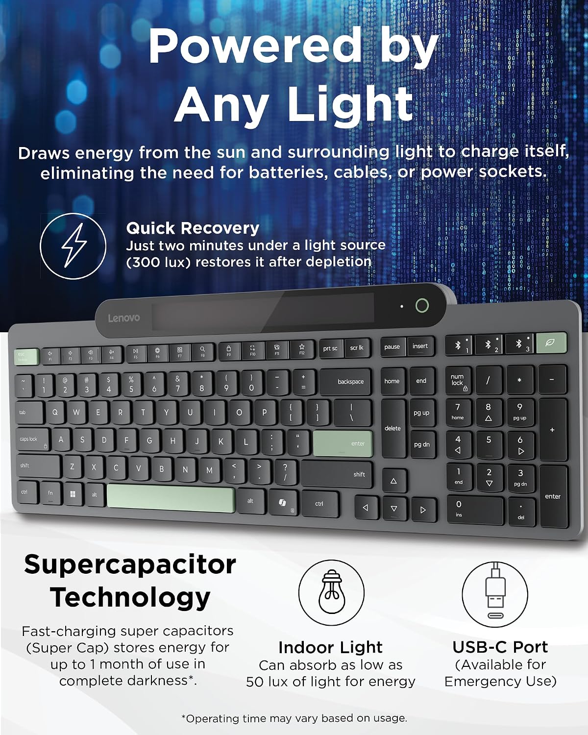 Lenovo 800 Teclado Bluetooth Autocargable, Utiliza Luz Ambiental pa...