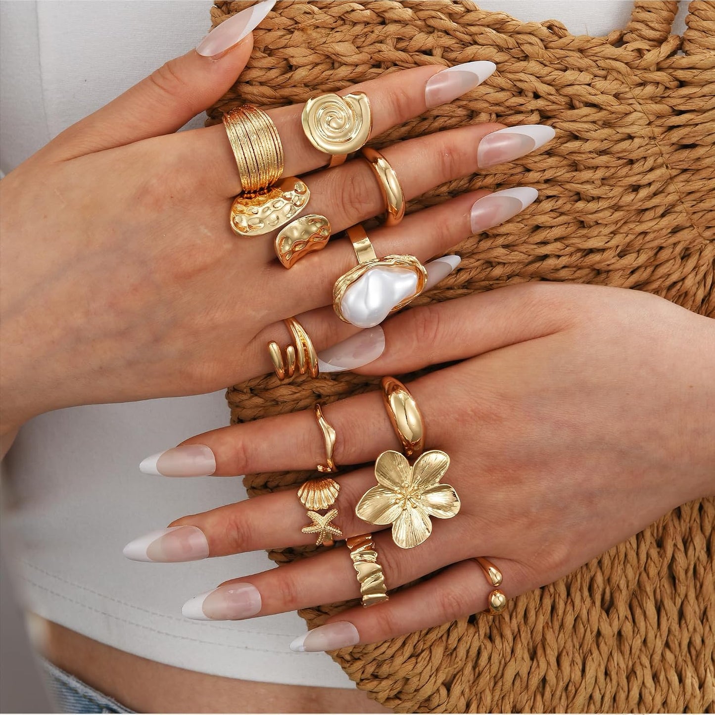 12 piezas de anillos de oro gruesos para mujer, anillo de flor sin...