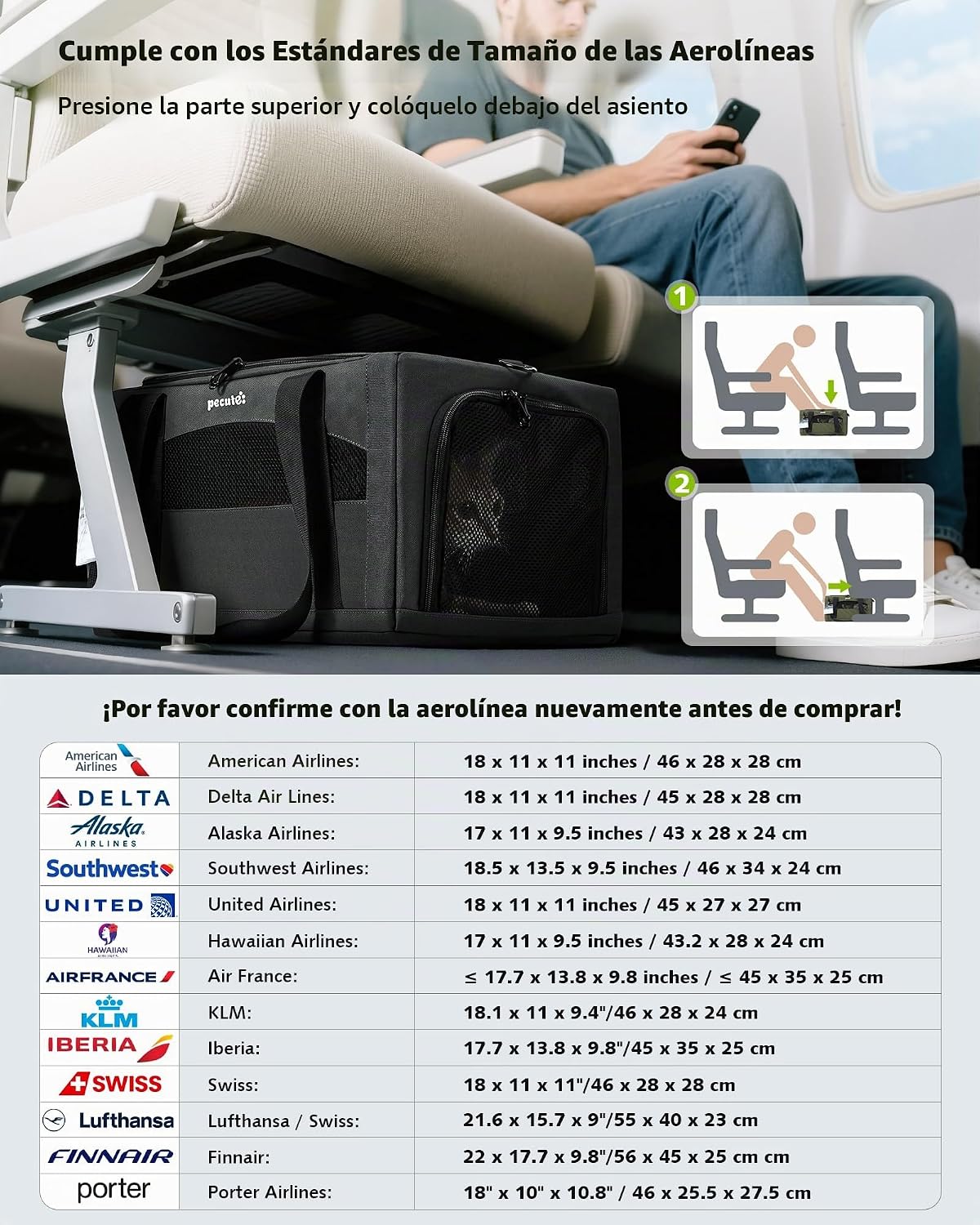 Pecute Transportador de mascotas aprobado por aerolíneas superior p...