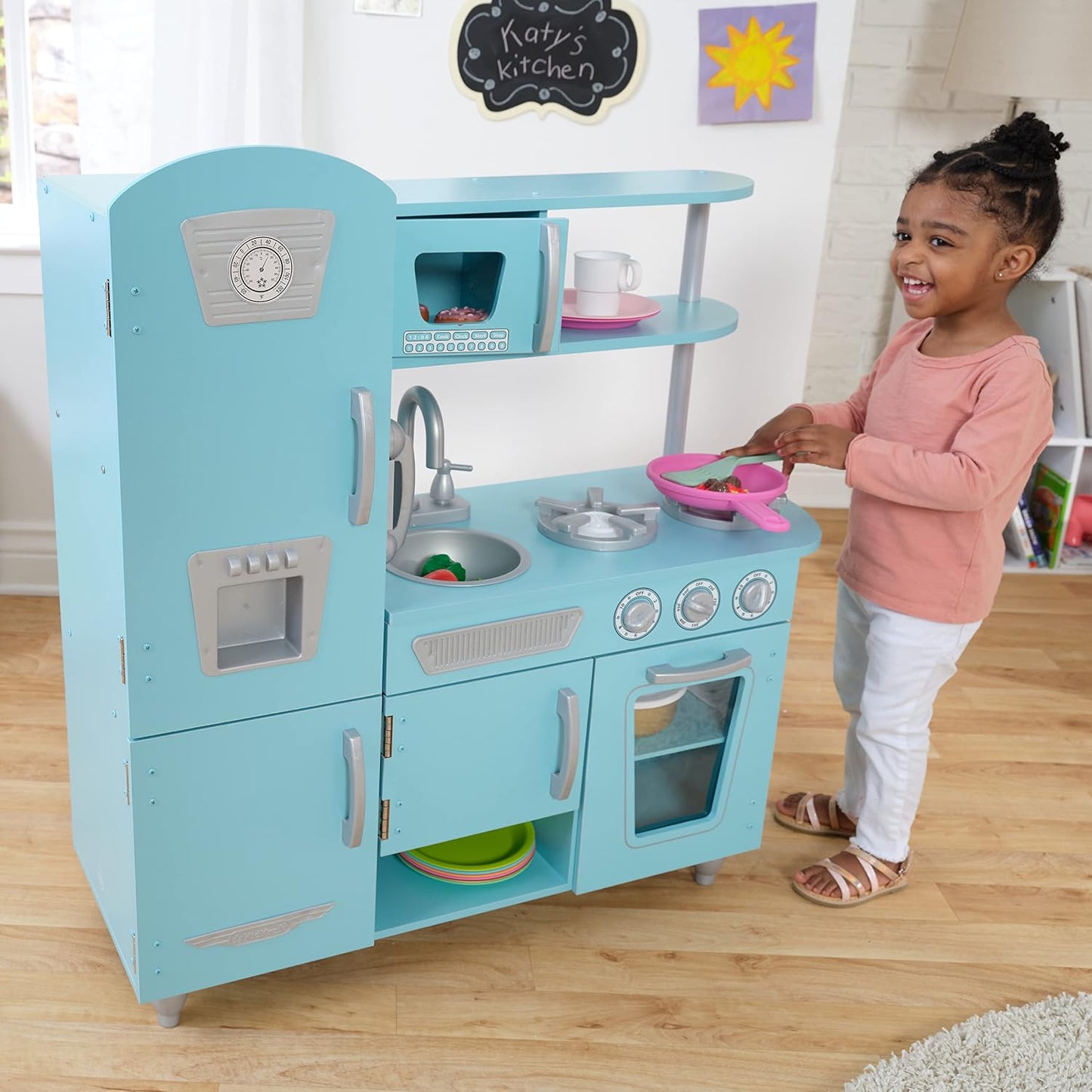 Clásica Cocina, Azul | Retro con refrigerador, grifo, fregadero, ga...