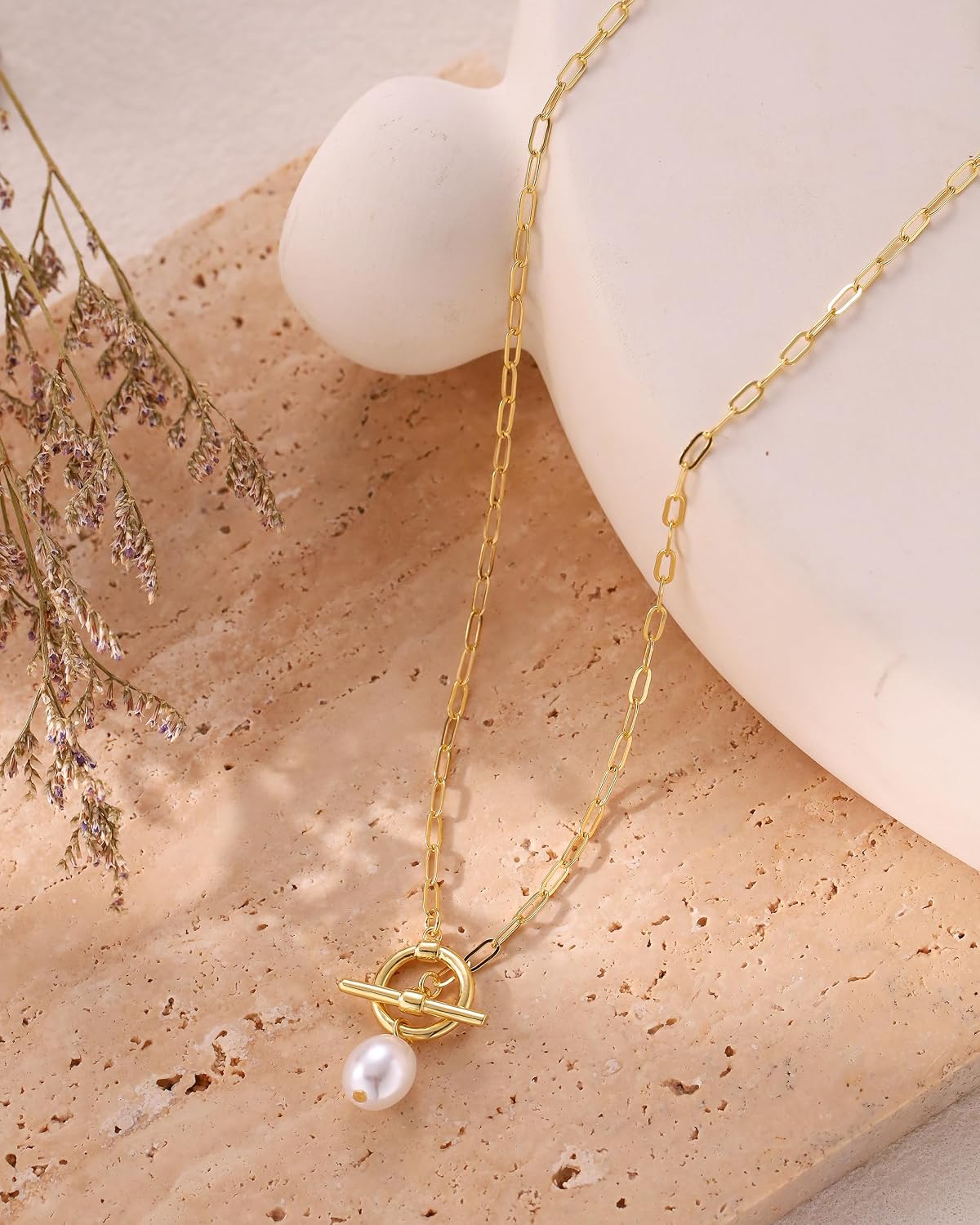 Collares de perlas para mujer, chapado en oro de 14 quilates, colla...