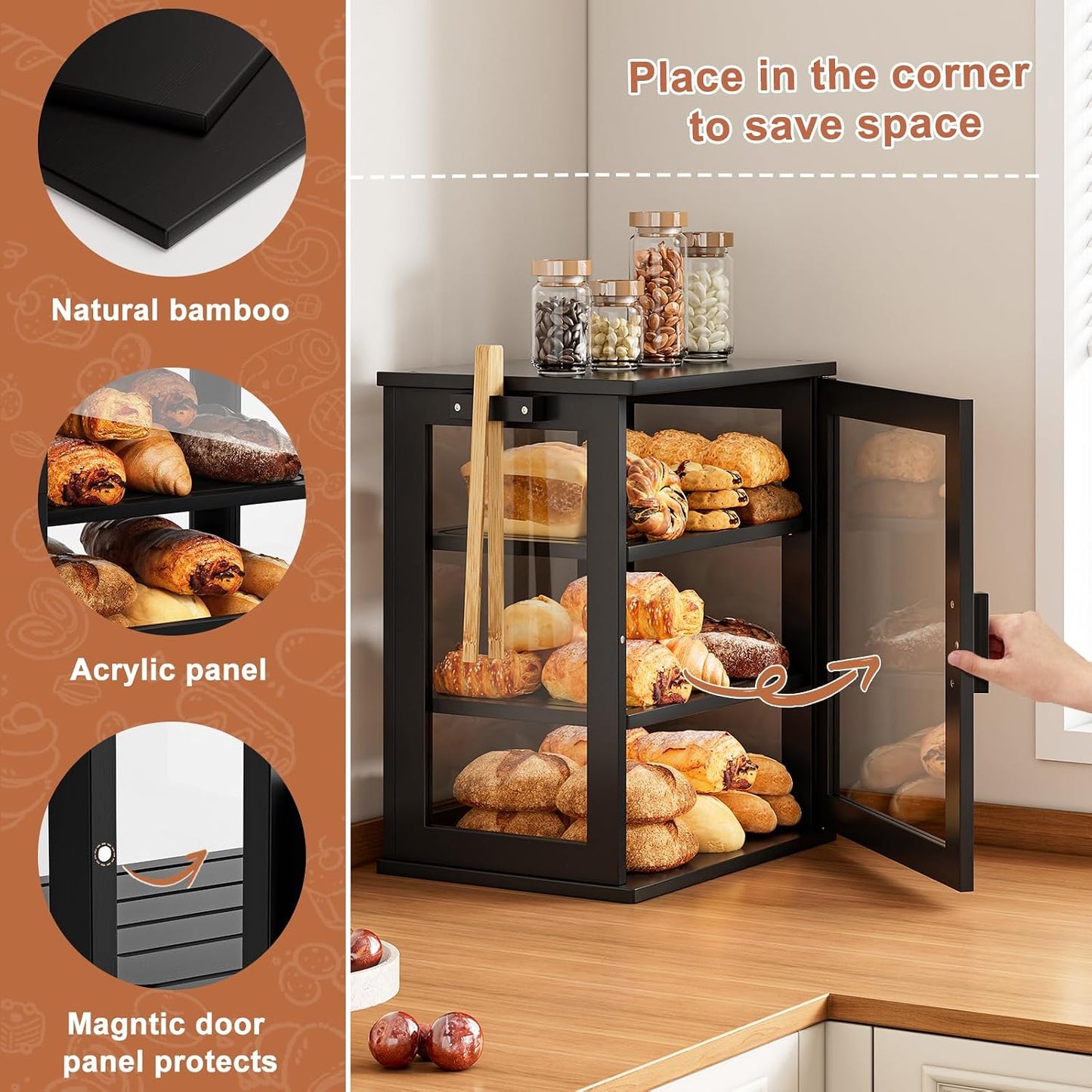 WOWLIVE Caja de Pan Negra para Encimera de Cocina, Contenedor de Al...
