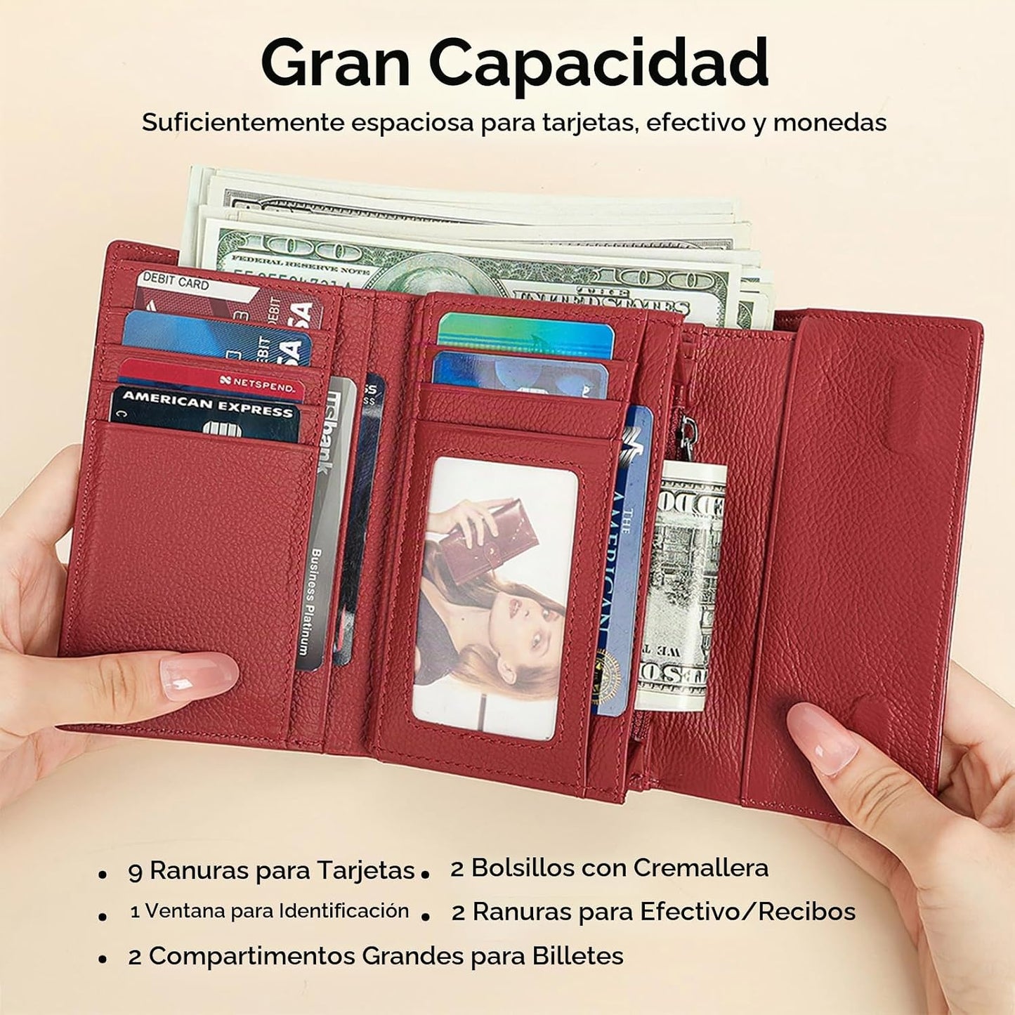 DAMAIKE Cartera de piel auténtica encerada con aceite para mujer, c...
