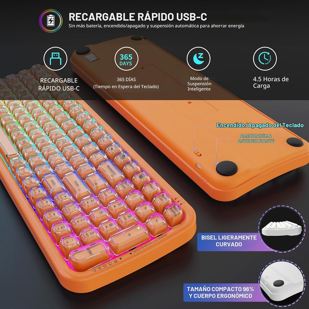 FOPETT Teclado inalámbrico para computadora con retroiluminación RG...
