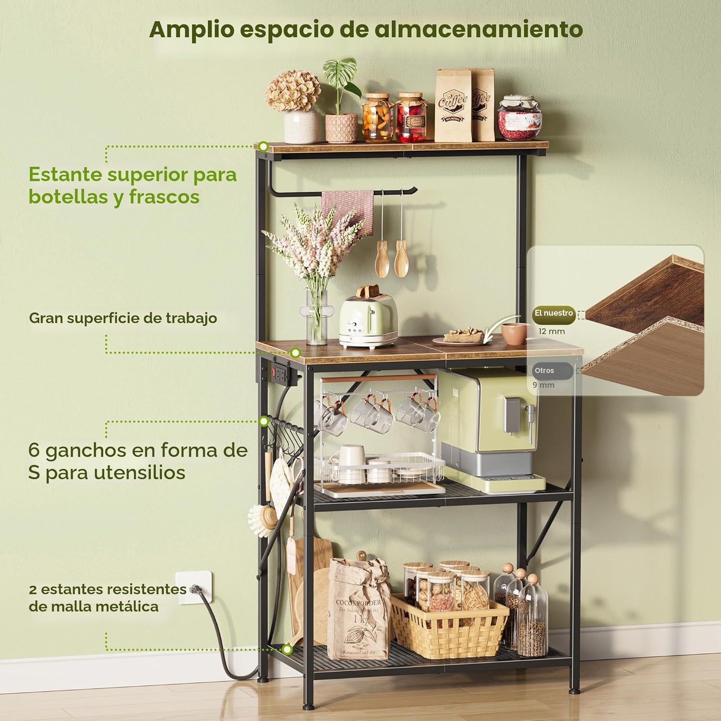 Huuger Estante para panaderos de 4 niveles con toma de corriente re...